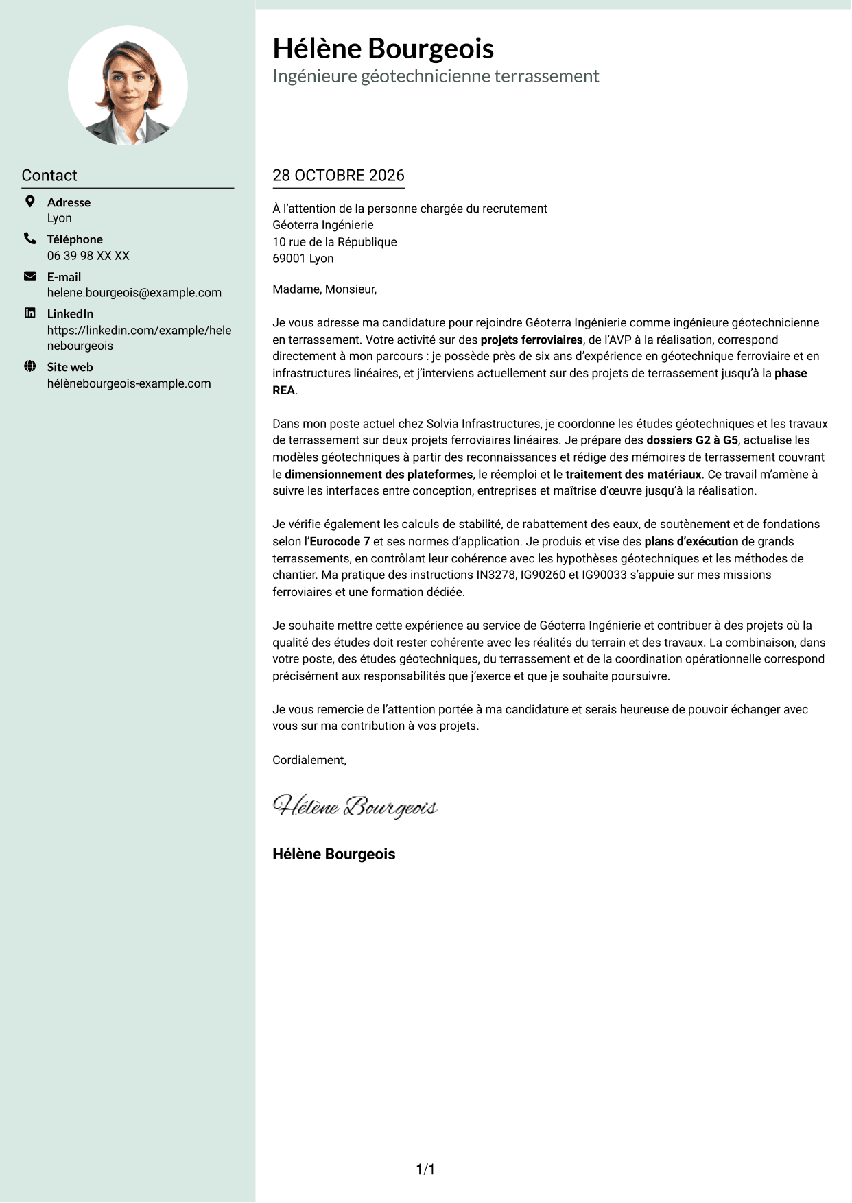 Lettre de motivation Cadre (format à colonne latérale douce avec photo arrondie) : Ingénieur Géotechnicien - Terrassement, page 1