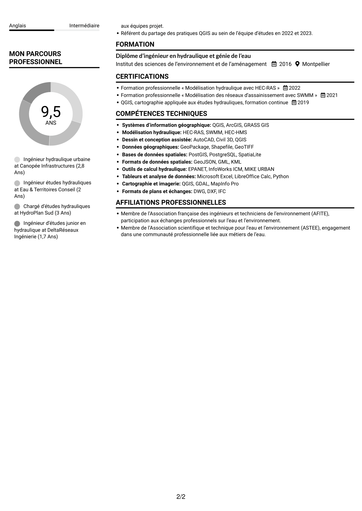 CV Compact (format sobre à deux colonnes avec photo) : Ingénieur Hydraulique Urbaine, page 2