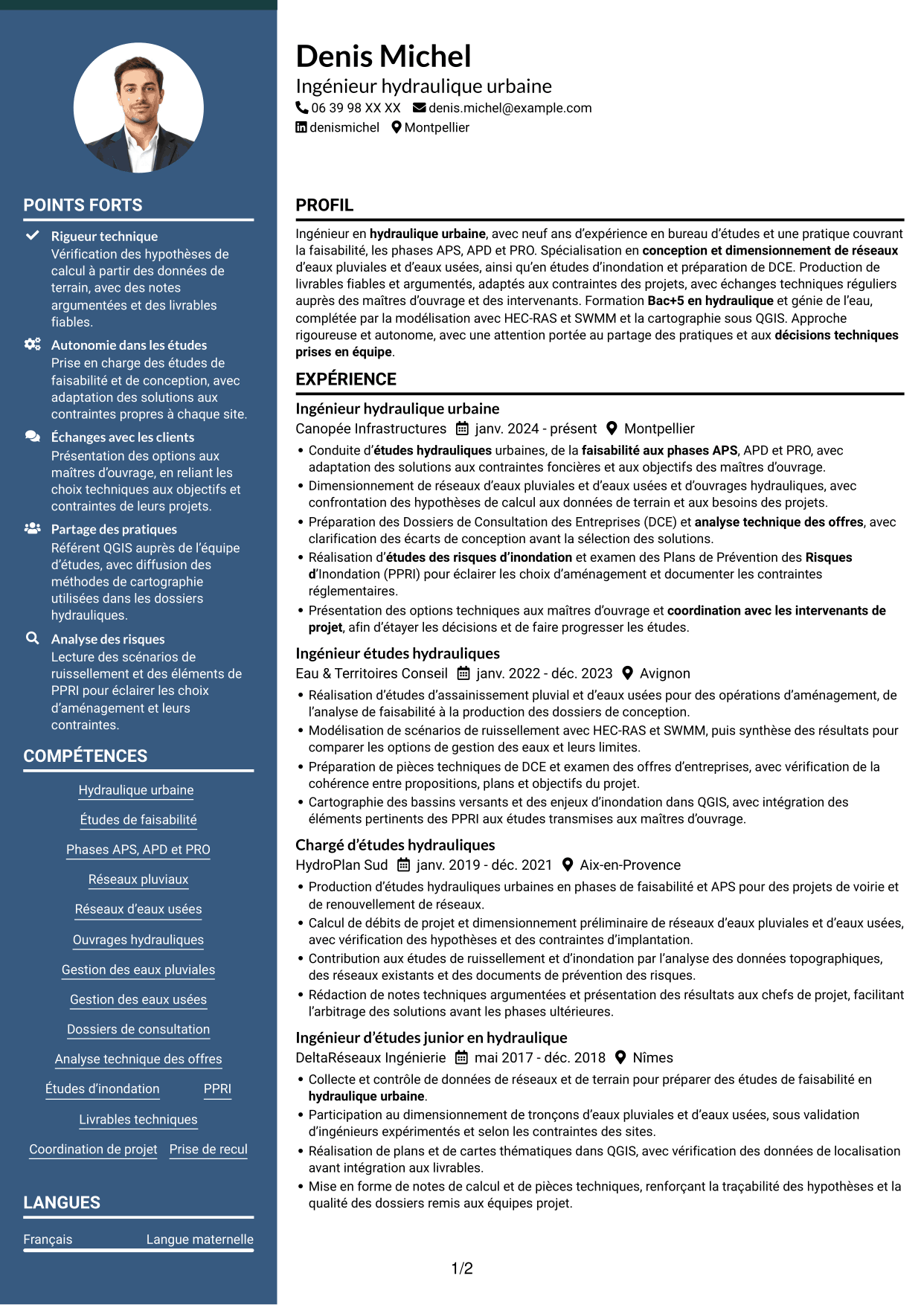 CV Élégant (format à colonne latérale colorée avec photo) : Ingénieur Hydraulique Urbaine, page 1