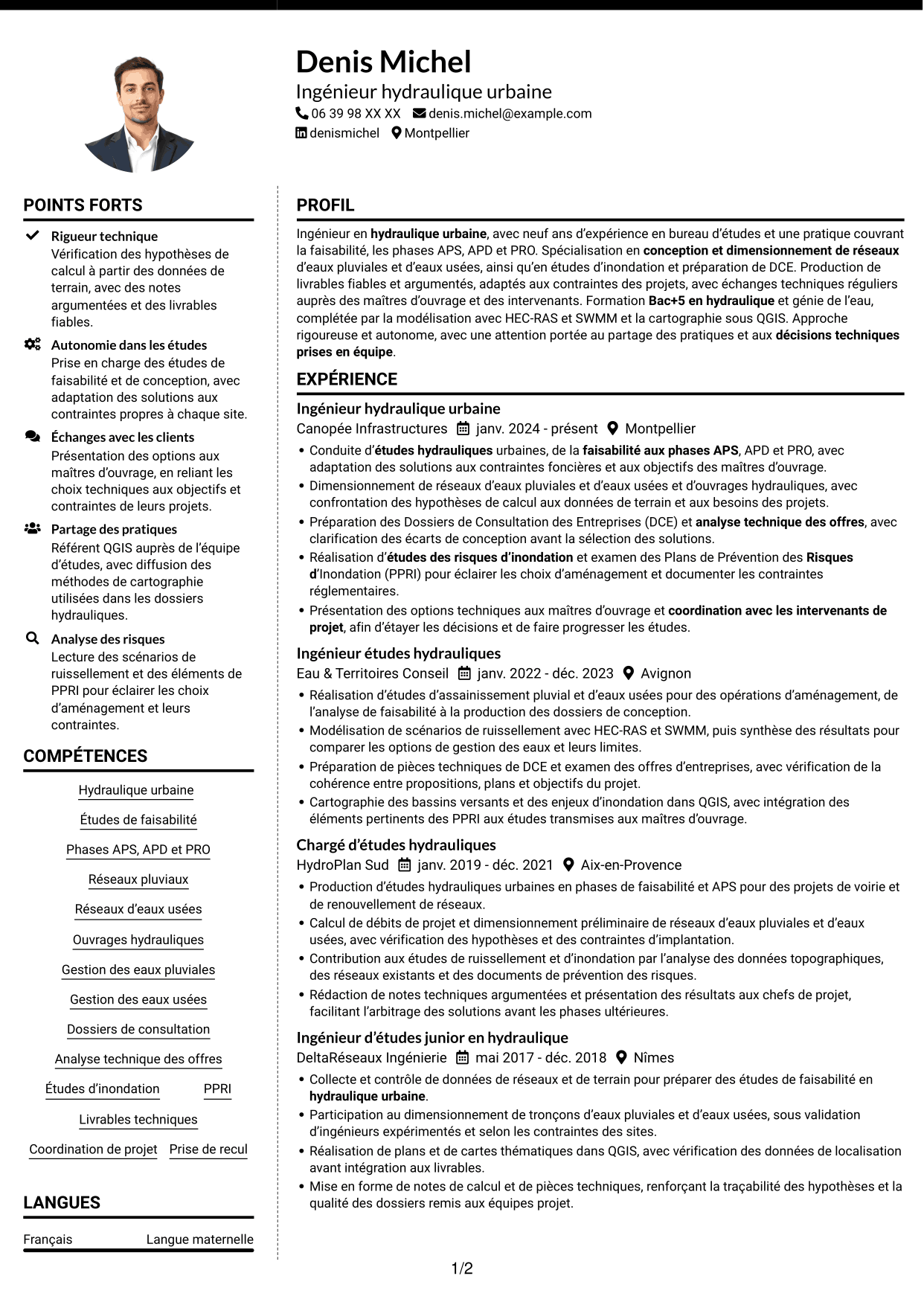 CV Moderne (format à deux colonnes avec photo à gauche et séparateur) : Ingénieur Hydraulique Urbaine, page 1