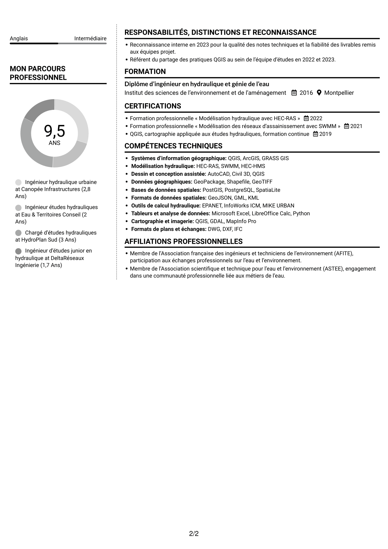 CV Moderne (format à deux colonnes avec photo à gauche et séparateur) : Ingénieur Hydraulique Urbaine, page 2
