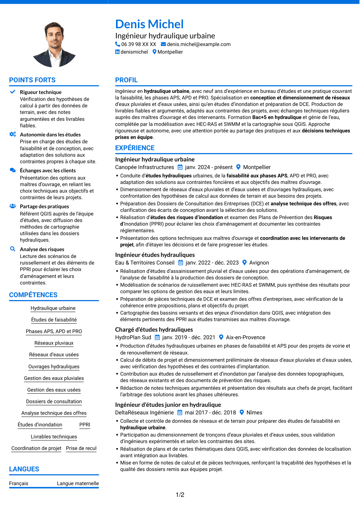 CV Audacieux (format à deux colonnes avec accents colorés et photo) : Ingénieur Hydraulique Urbaine, page 1