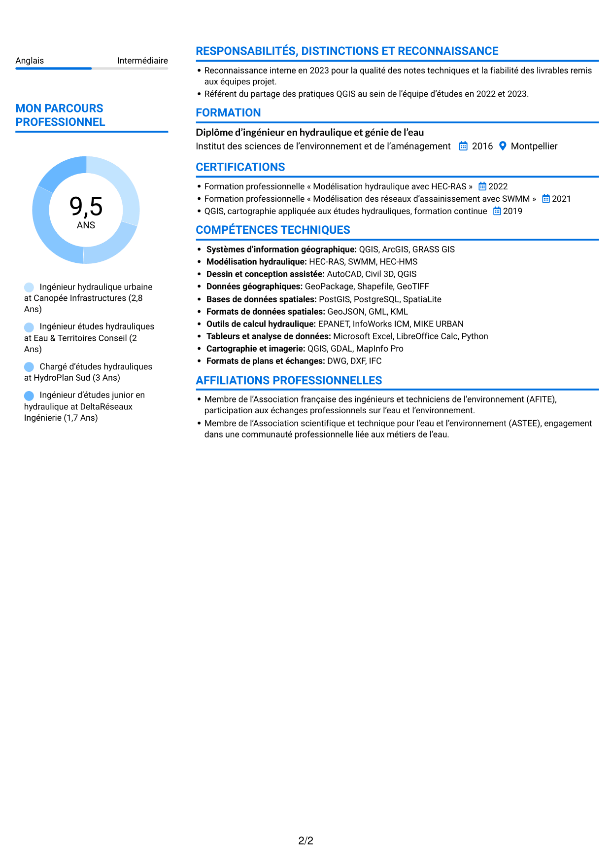 CV Audacieux (format à deux colonnes avec accents colorés et photo) : Ingénieur Hydraulique Urbaine, page 2