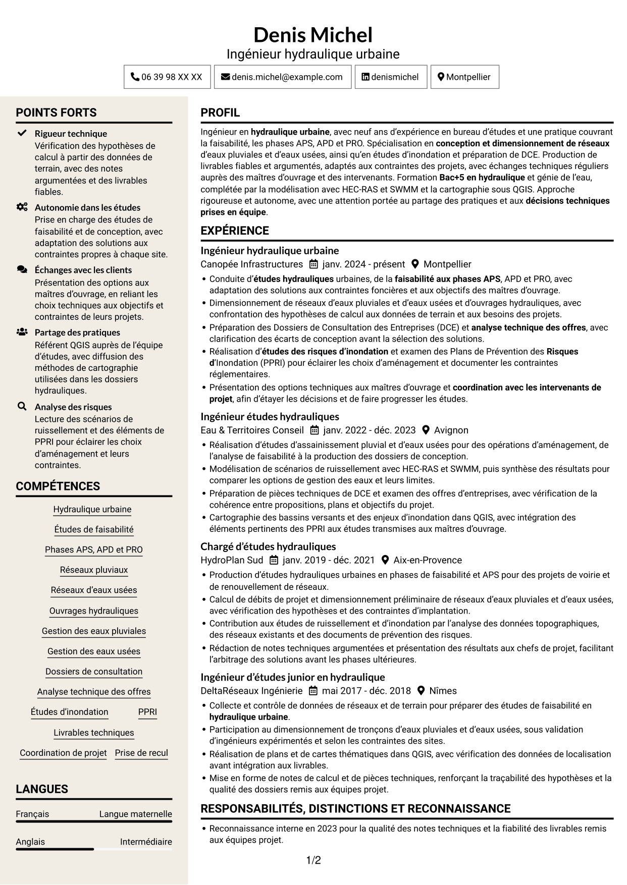CV Fonceur (format à deux colonnes avec en-tête centré sans photo) : Ingénieur Hydraulique Urbaine, page 1