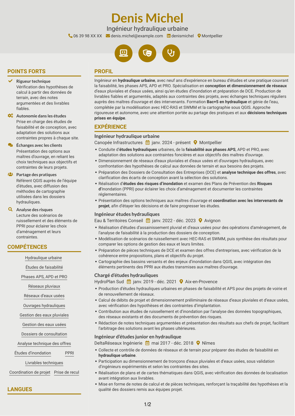 CV Dynamique (format à deux colonnes avec icônes) : Ingénieur Hydraulique Urbaine, page 1