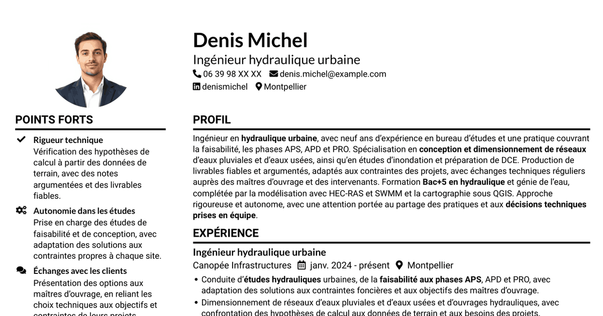7 modèles de CV pour Ingénieur Hydraulique Urbaine, avec exemples