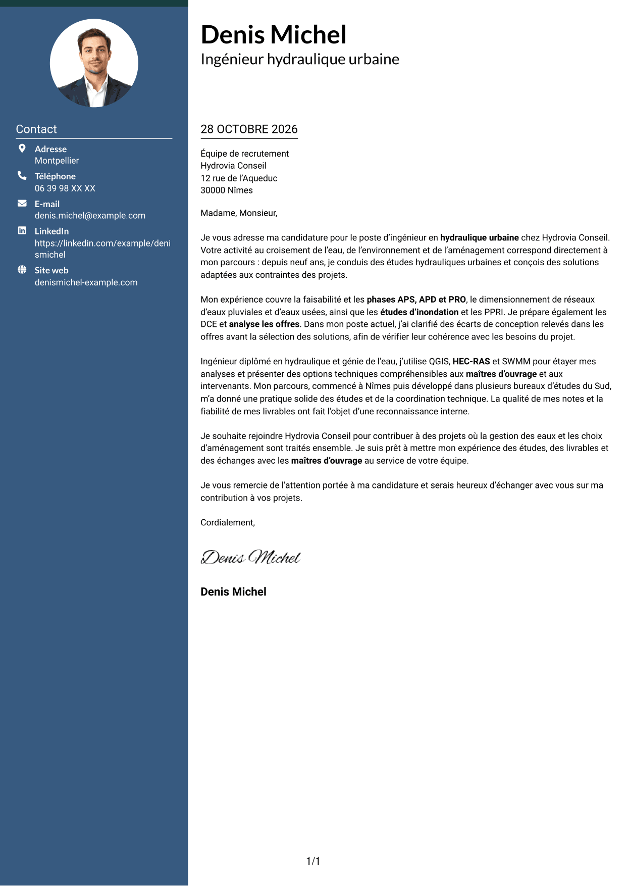 Lettre de motivation Élégant (format à colonne latérale colorée avec photo) : Ingénieur Hydraulique Urbaine, page 1