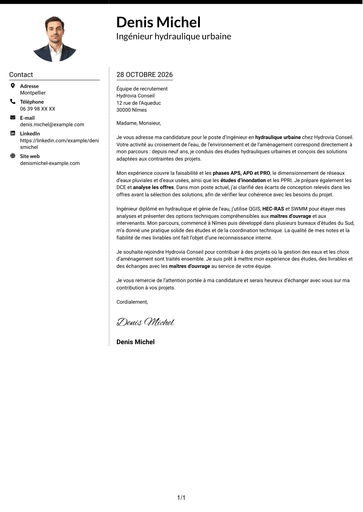 Lettre de motivation Moderne (format à deux colonnes avec photo à gauche et séparateur) : Ingénieur Hydraulique Urbaine, page 1