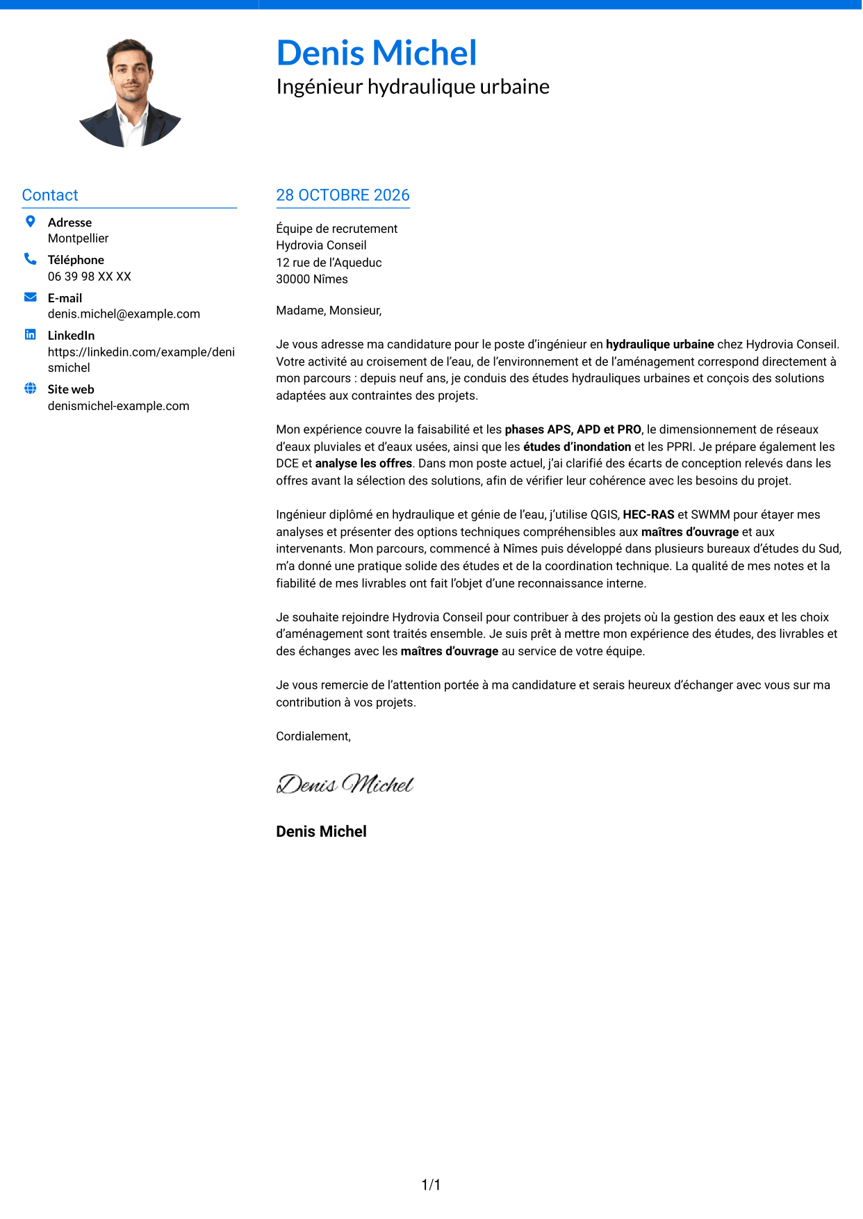 Lettre de motivation Audacieux (format à deux colonnes avec accents colorés et photo) : Ingénieur Hydraulique Urbaine, page 1