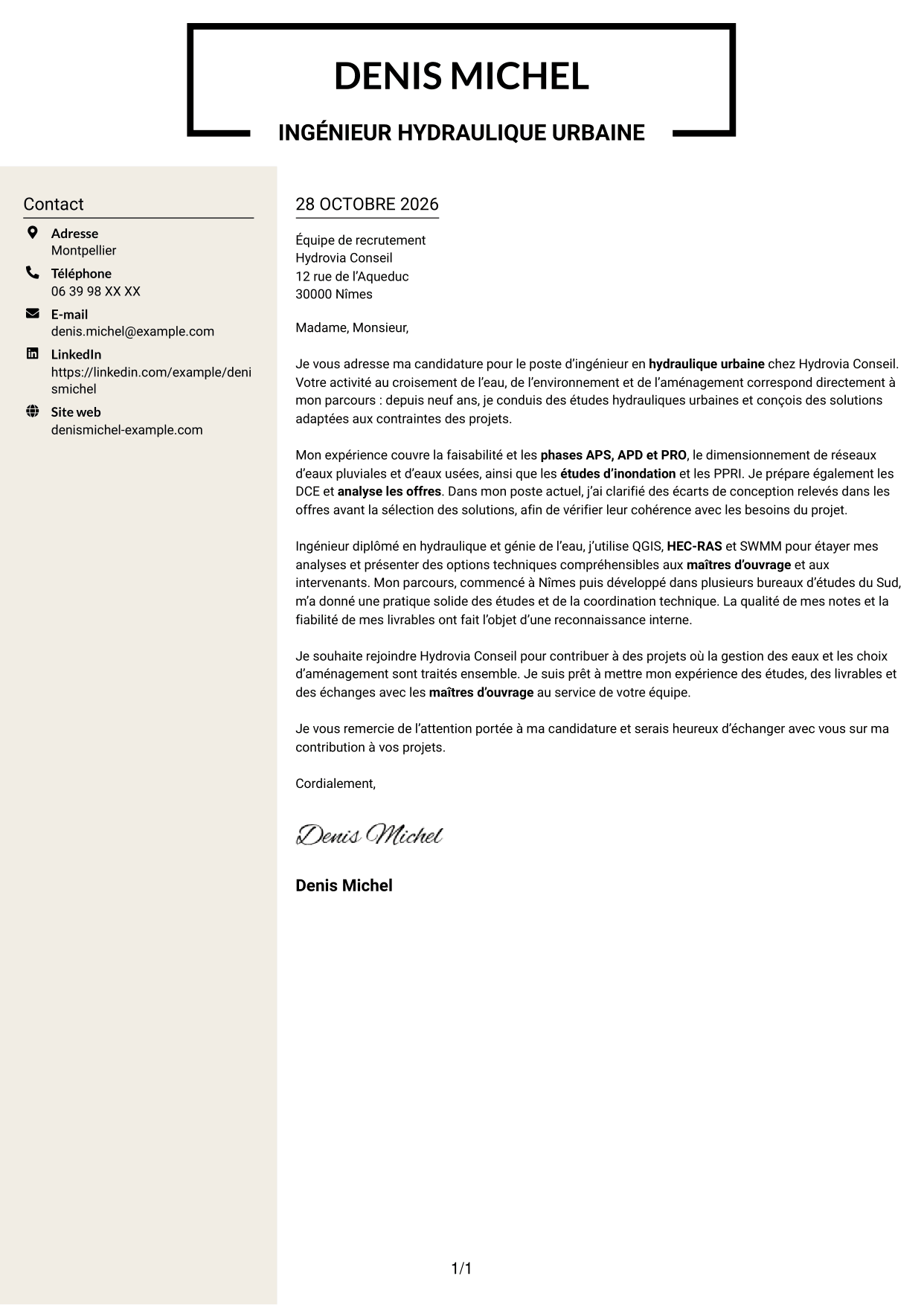 Lettre de motivation Fonceur (format à deux colonnes avec en-tête centré sans photo) : Ingénieur Hydraulique Urbaine, page 1
