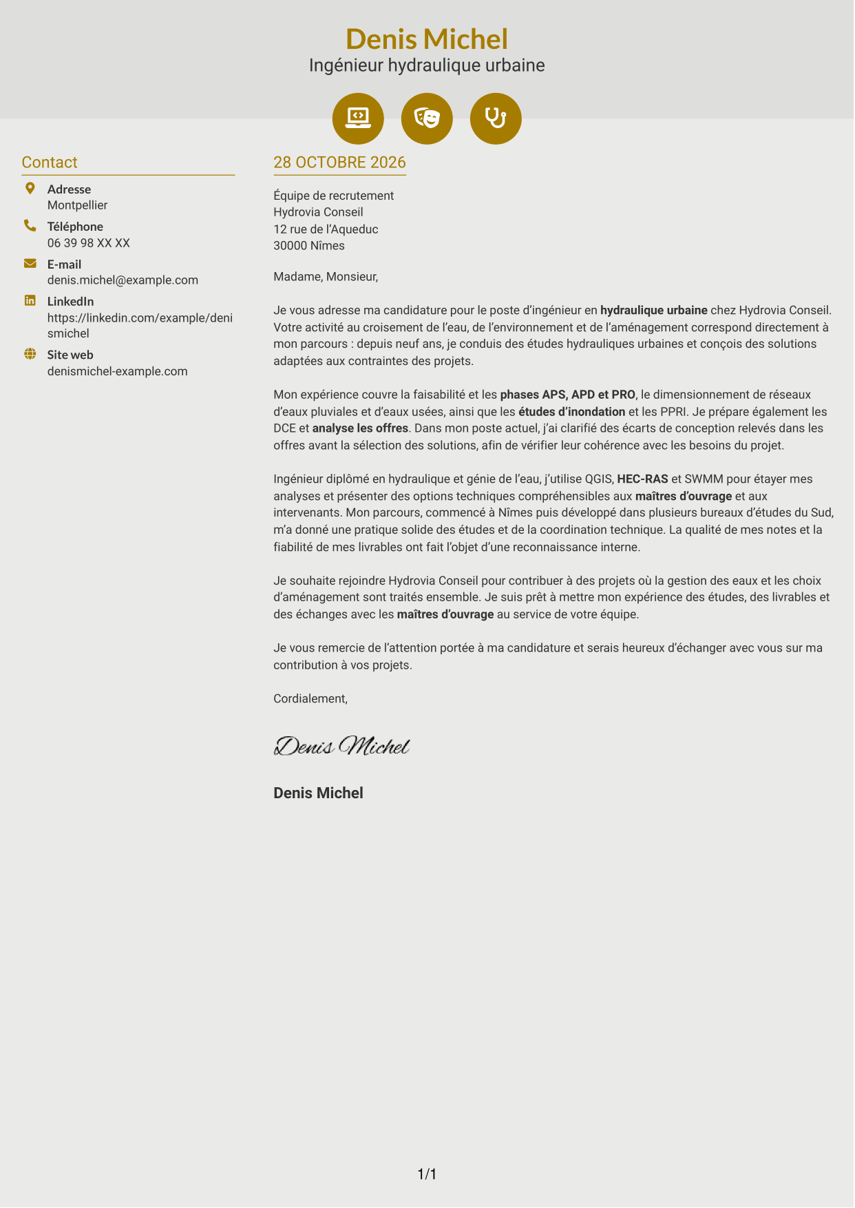 Lettre de motivation Dynamique (format à deux colonnes avec icônes) : Ingénieur Hydraulique Urbaine, page 1