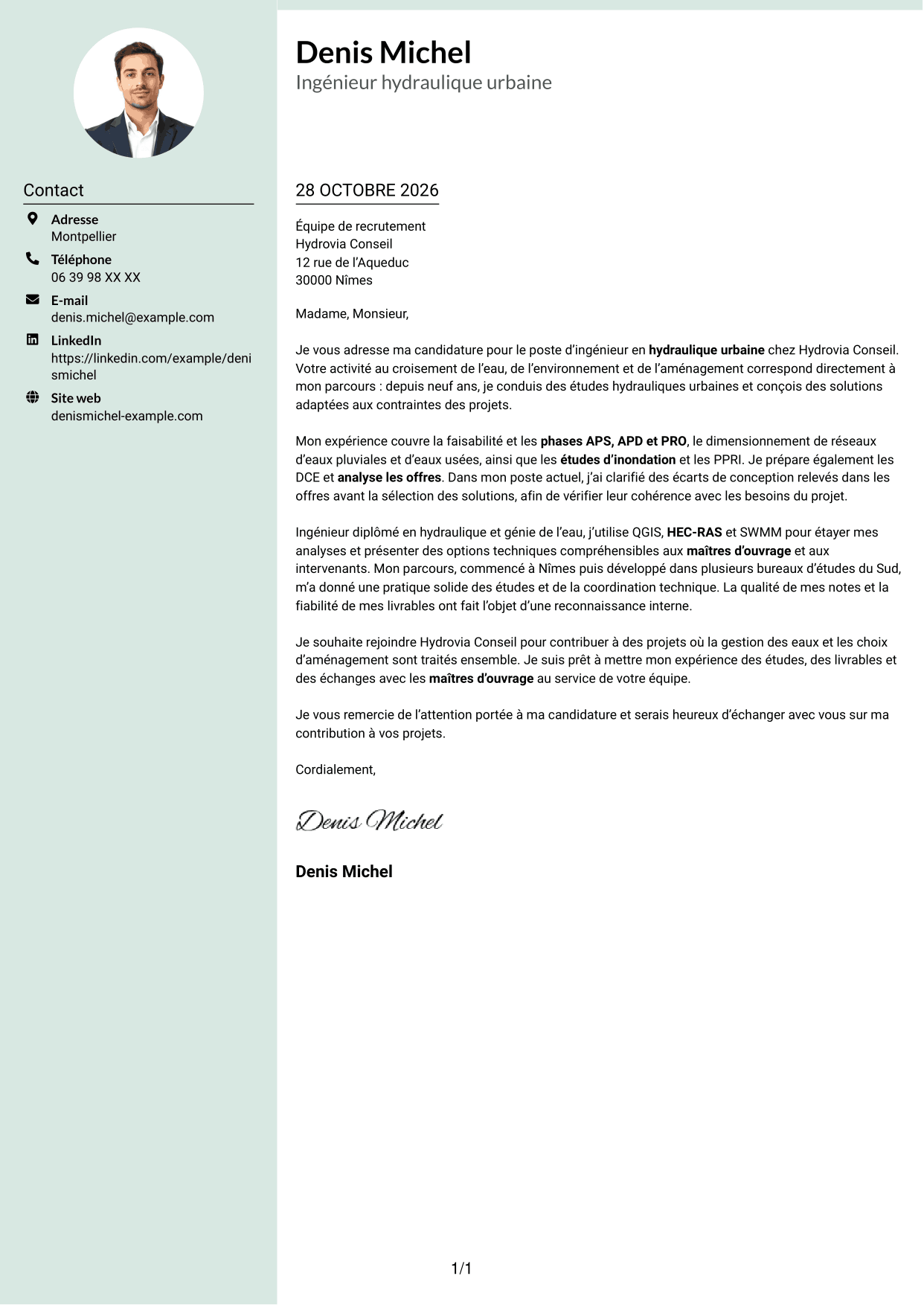 Lettre de motivation Cadre (format à colonne latérale douce avec photo arrondie) : Ingénieur Hydraulique Urbaine, page 1