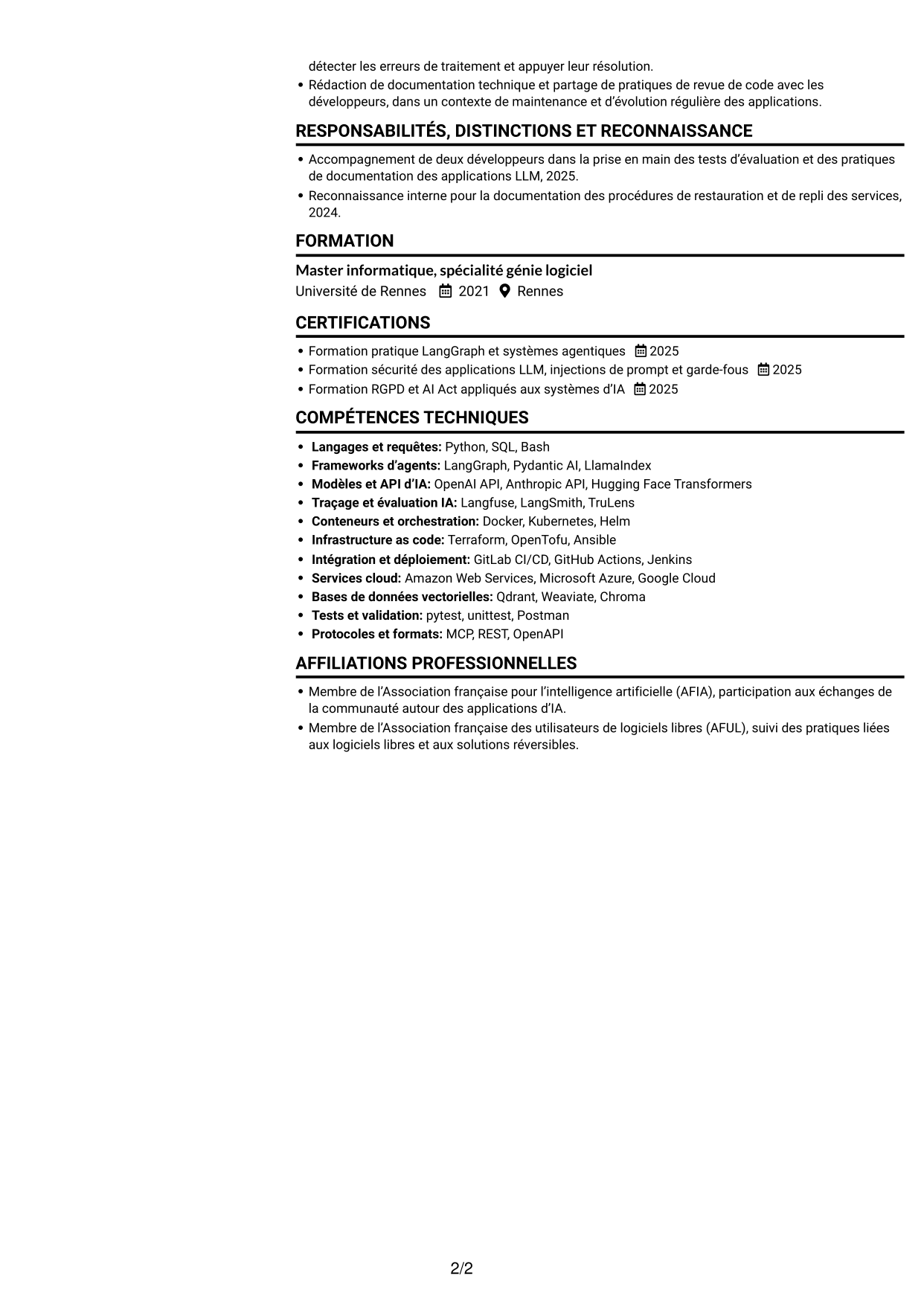 CV Compact (format sobre à deux colonnes avec photo) : Ingénieur IA Agentique, page 2