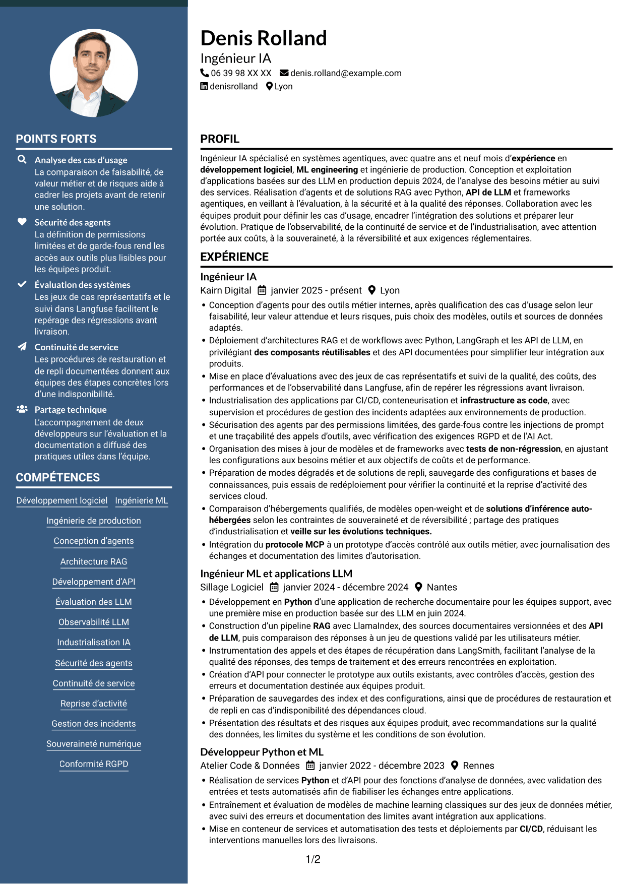 CV Élégant (format à colonne latérale colorée avec photo) : Ingénieur IA Agentique, page 1
