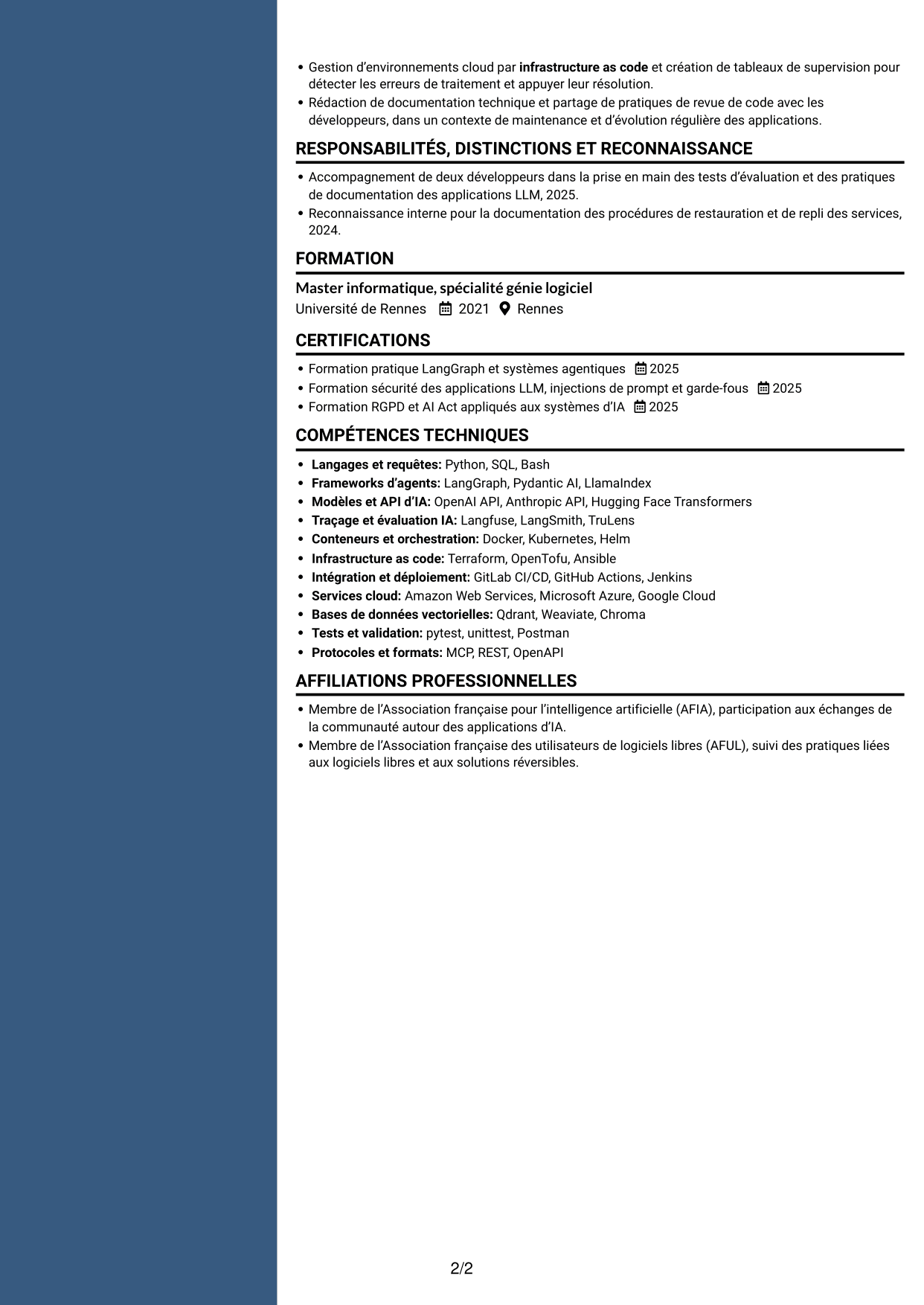 CV Élégant (format à colonne latérale colorée avec photo) : Ingénieur IA Agentique, page 2