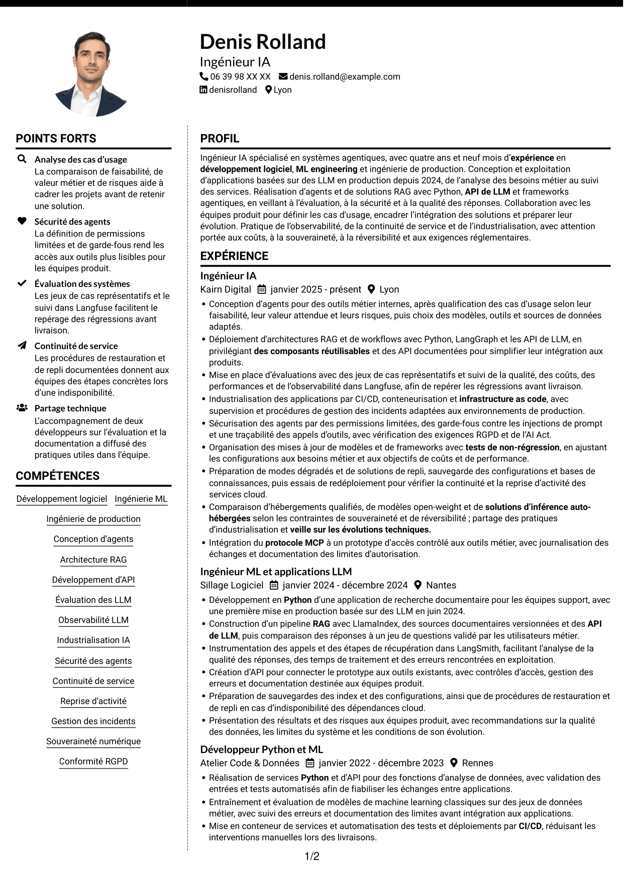 CV Moderne (format à deux colonnes avec photo à gauche et séparateur) : Ingénieur IA Agentique, page 1