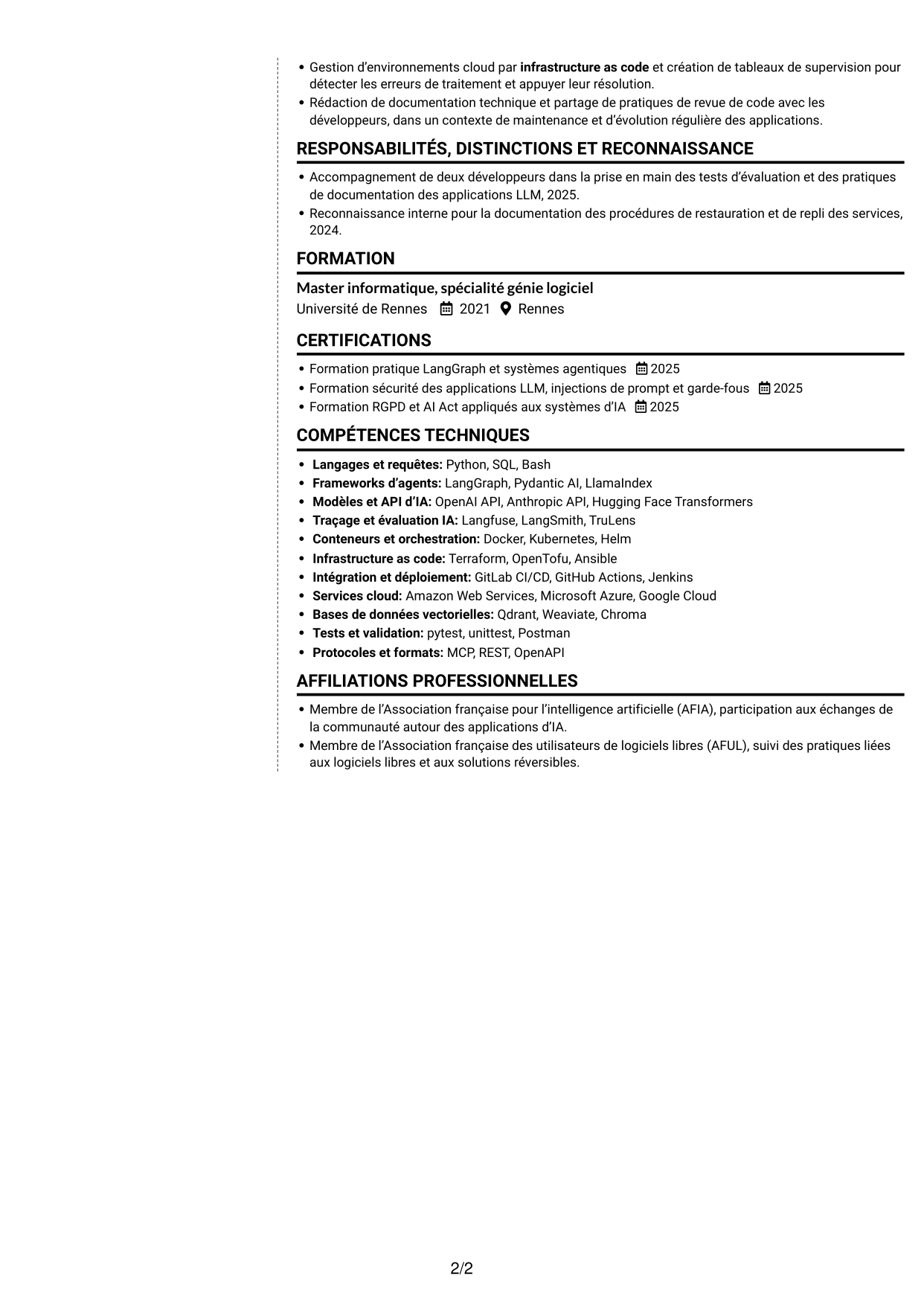 CV Moderne (format à deux colonnes avec photo à gauche et séparateur) : Ingénieur IA Agentique, page 2