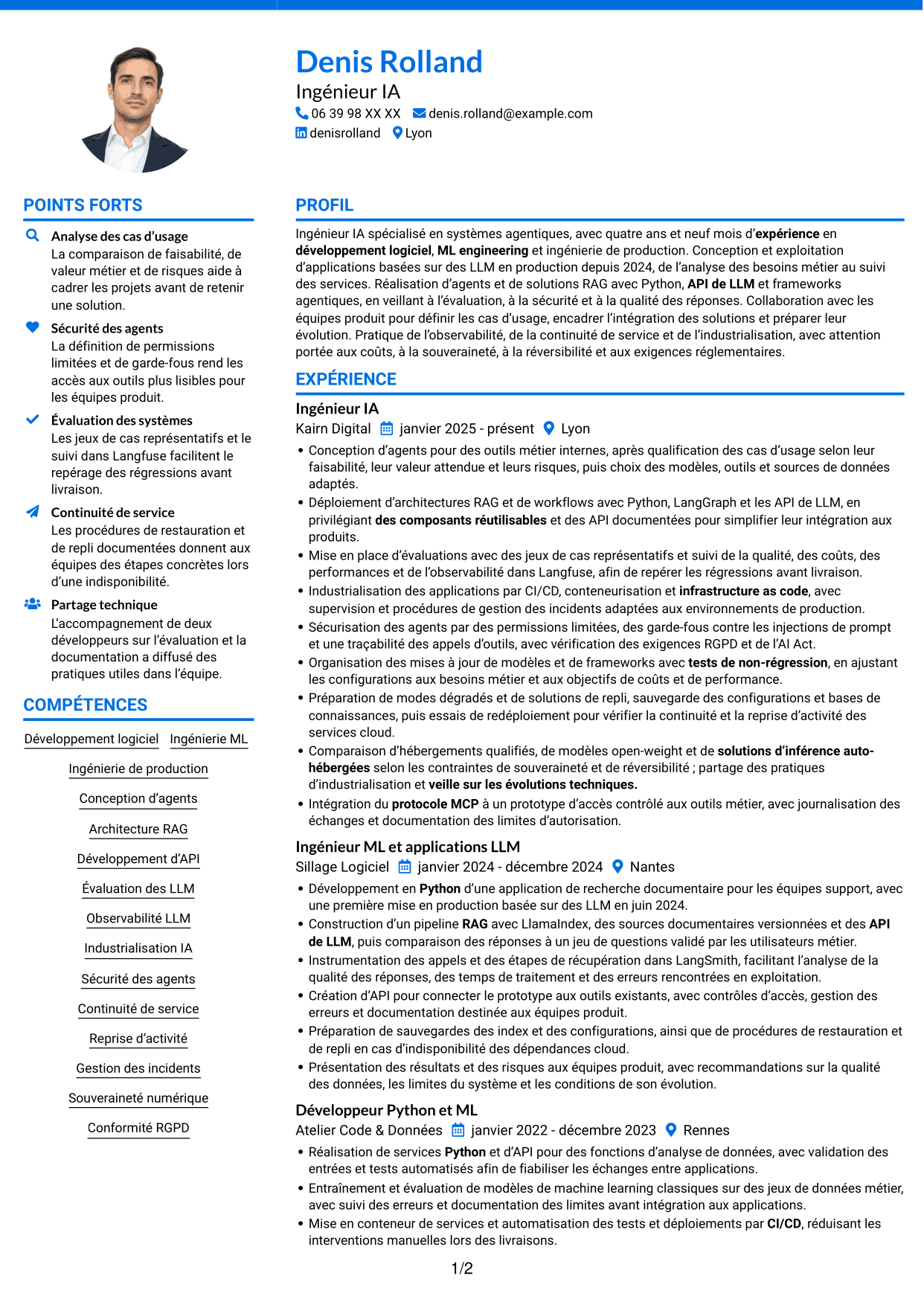 CV Audacieux (format à deux colonnes avec accents colorés et photo) : Ingénieur IA Agentique, page 1