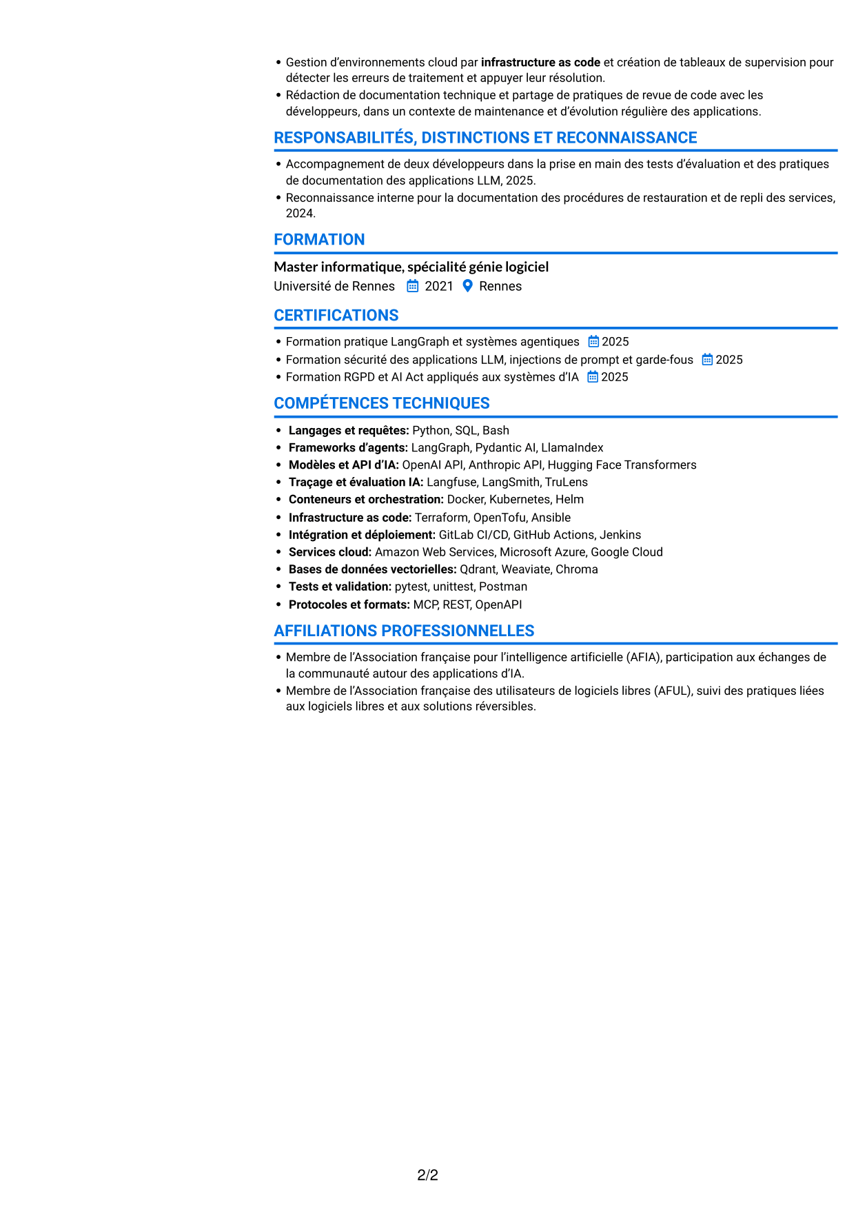 CV Audacieux (format à deux colonnes avec accents colorés et photo) : Ingénieur IA Agentique, page 2