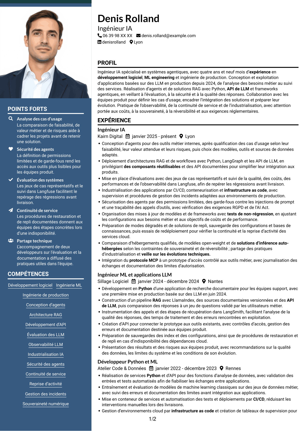CV Signature (format à colonne latérale colorée avec grande photo) : Ingénieur IA Agentique, page 1