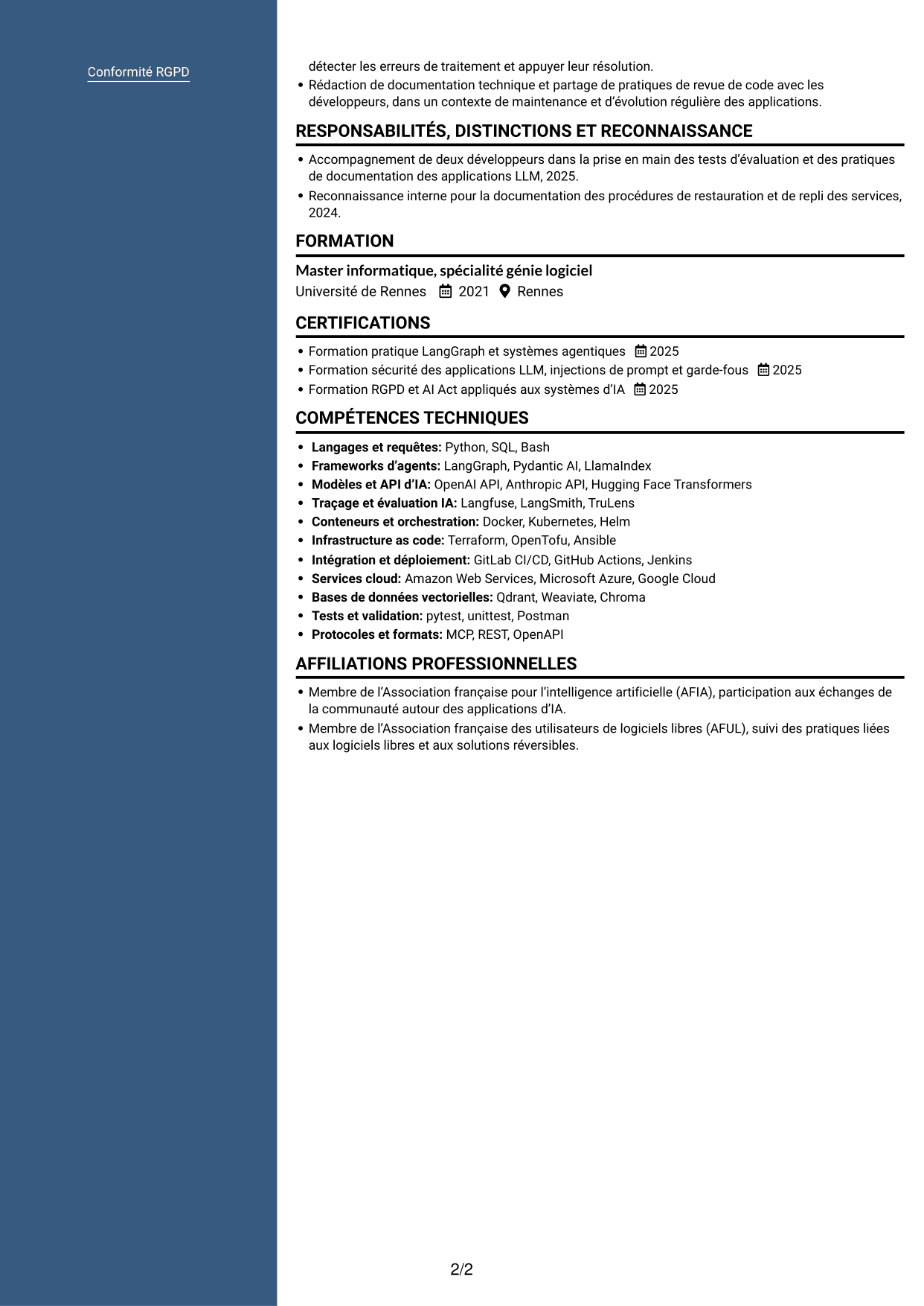 CV Signature (format à colonne latérale colorée avec grande photo) : Ingénieur IA Agentique, page 2