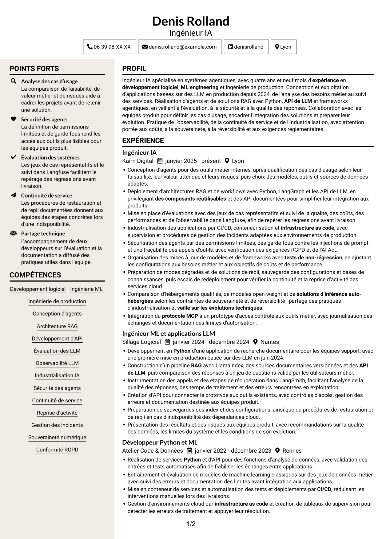 CV Fonceur (format à deux colonnes avec en-tête centré sans photo) : Ingénieur IA Agentique, page 1