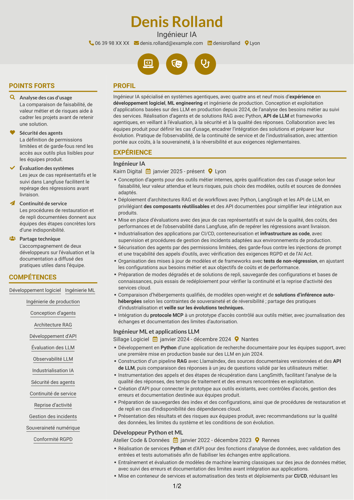 CV Dynamique (format à deux colonnes avec icônes) : Ingénieur IA Agentique, page 1
