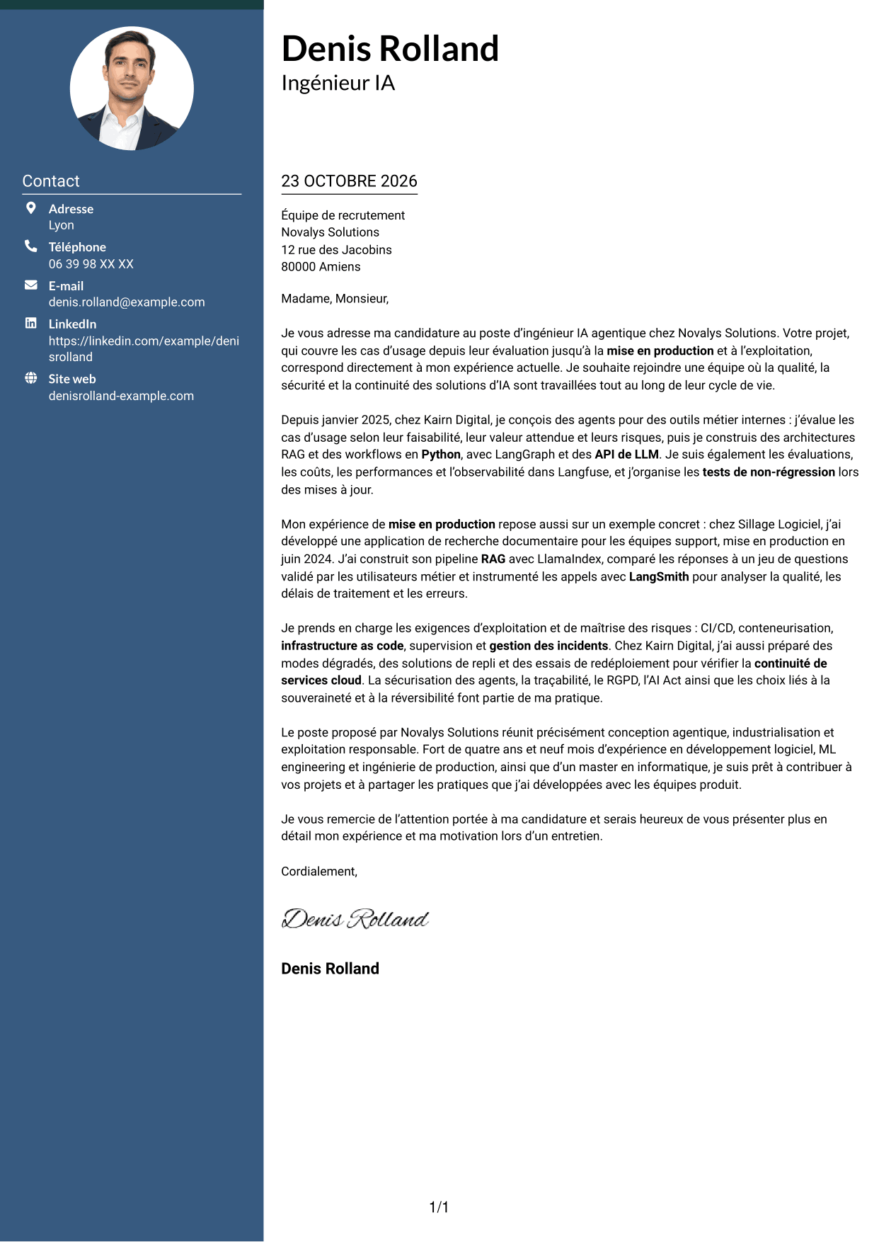 Lettre de motivation Élégant (format à colonne latérale colorée avec photo) : Ingénieur IA Agentique, page 1