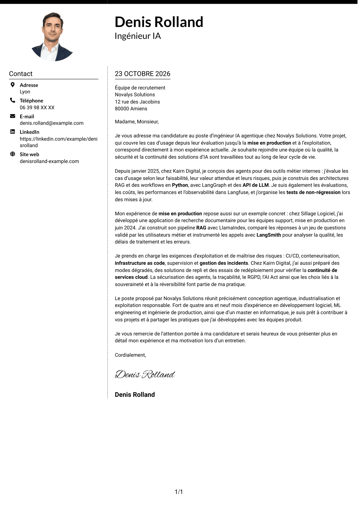 Lettre de motivation Moderne (format à deux colonnes avec photo à gauche et séparateur) : Ingénieur IA Agentique, page 1