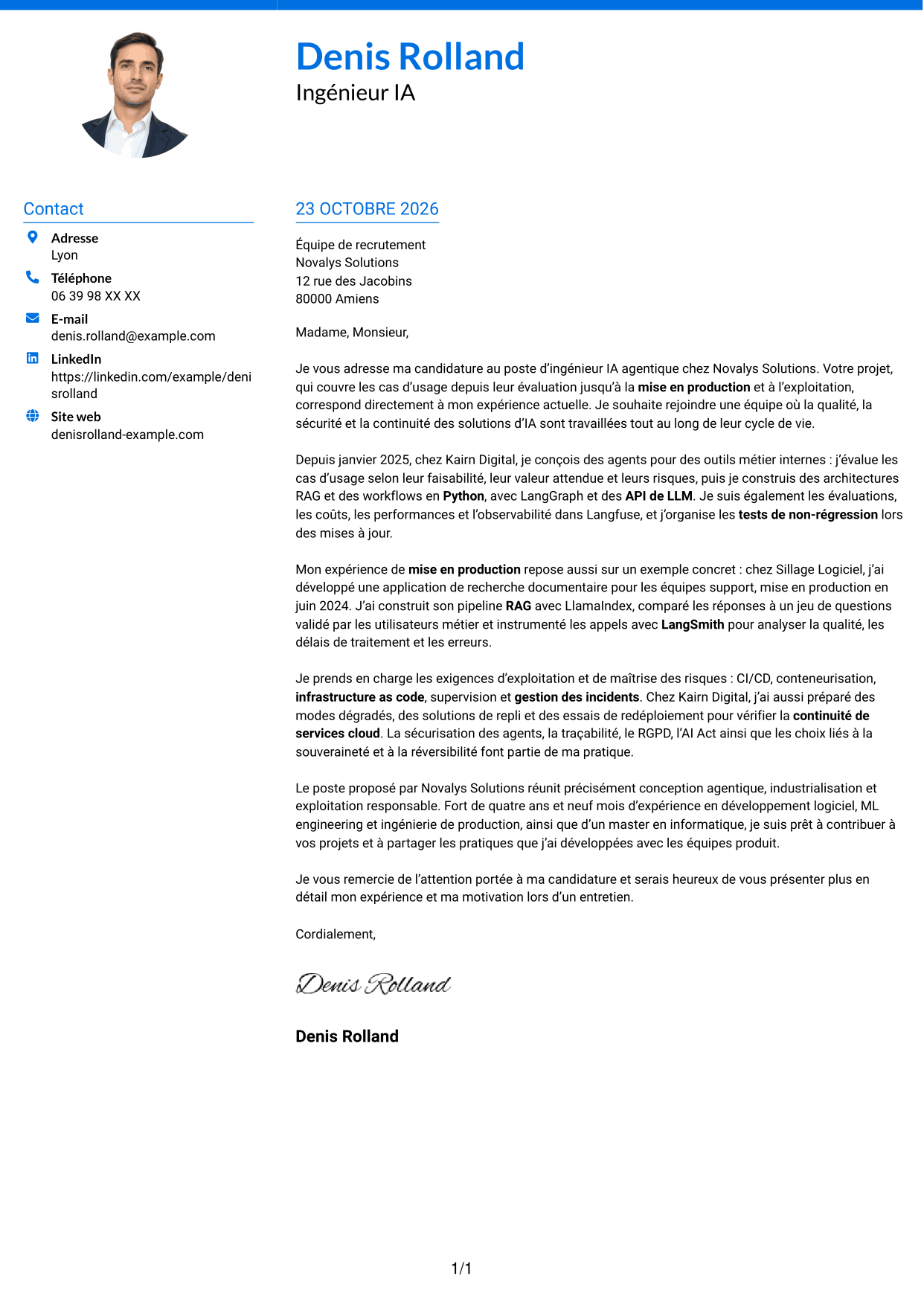 Lettre de motivation Audacieux (format à deux colonnes avec accents colorés et photo) : Ingénieur IA Agentique, page 1