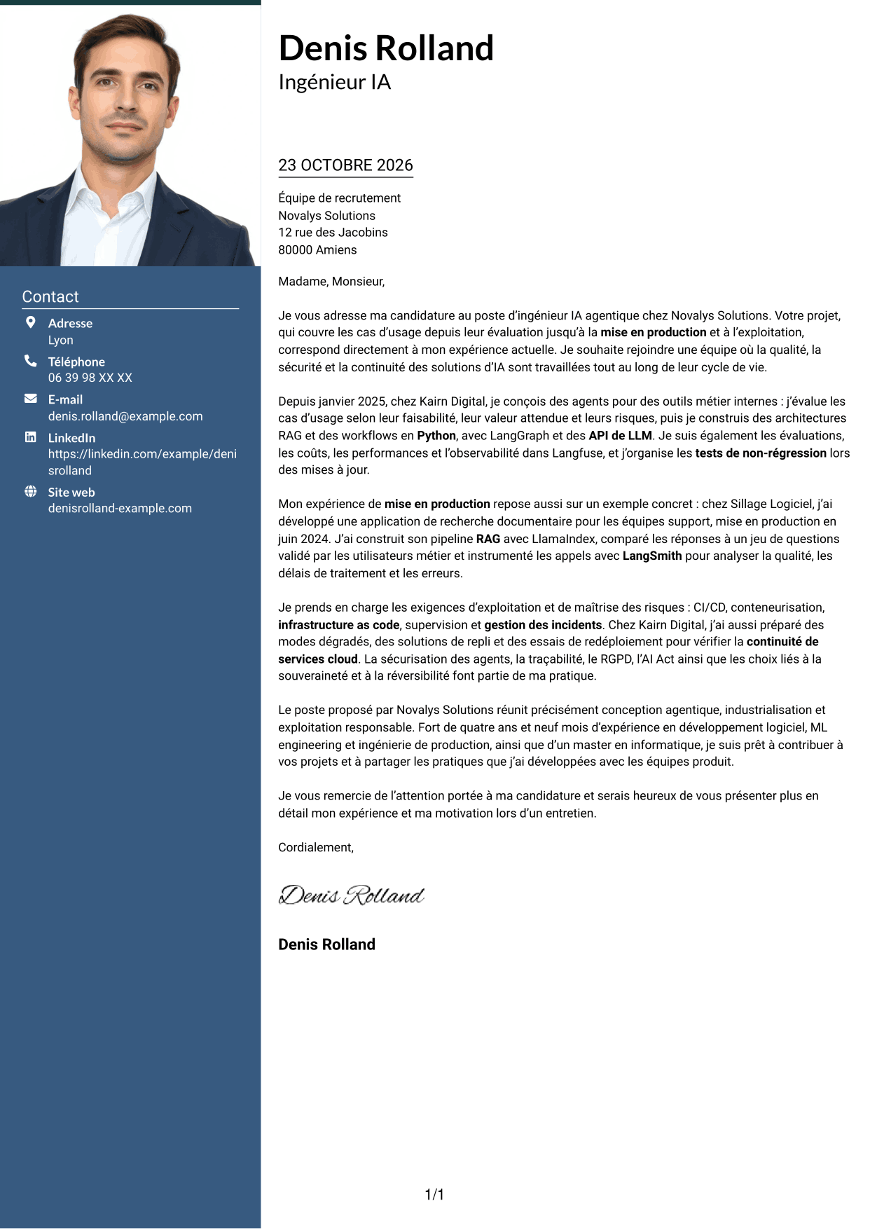 Lettre de motivation Signature (format à colonne latérale colorée avec grande photo) : Ingénieur IA Agentique, page 1