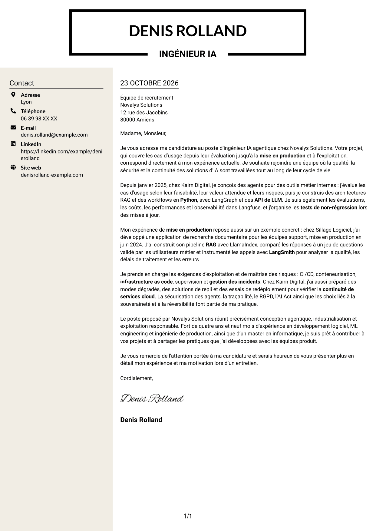 Lettre de motivation Fonceur (format à deux colonnes avec en-tête centré sans photo) : Ingénieur IA Agentique, page 1