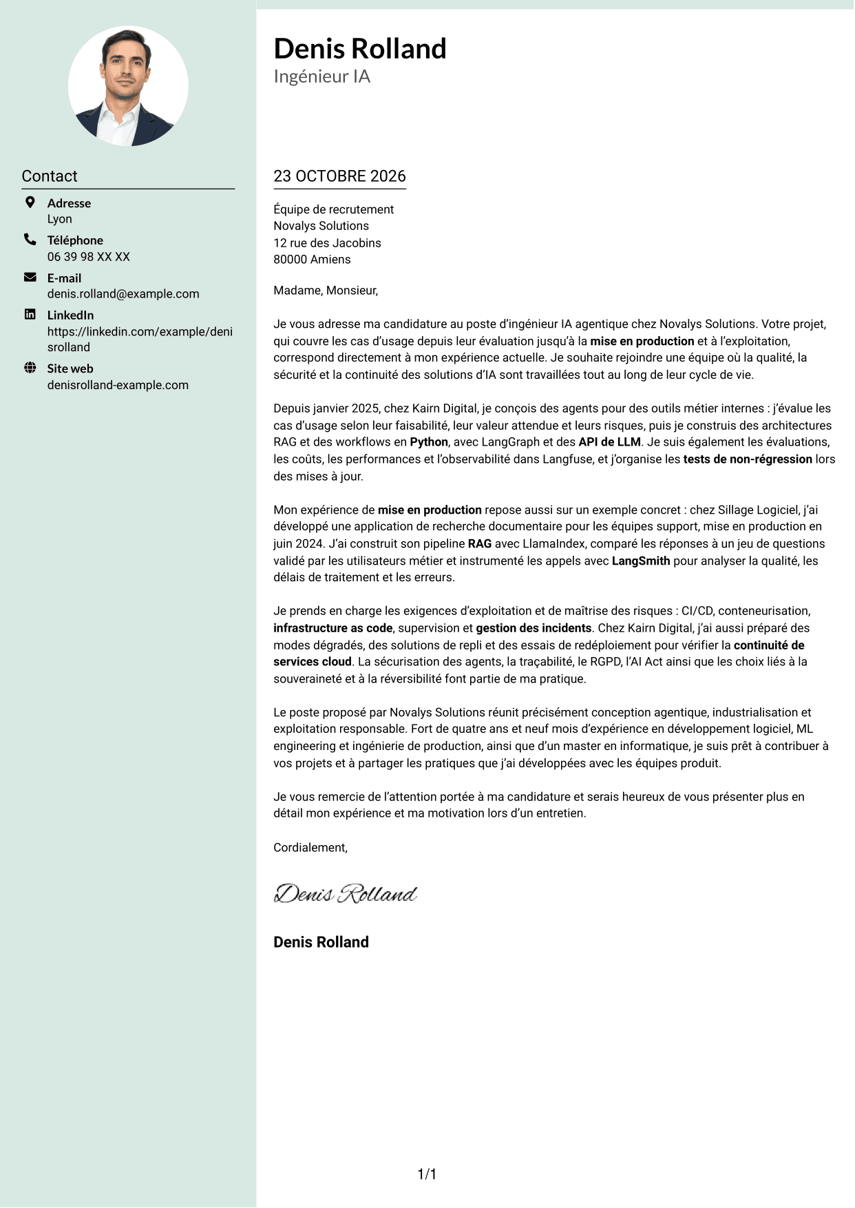 Lettre de motivation Cadre (format à colonne latérale douce avec photo arrondie) : Ingénieur IA Agentique, page 1
