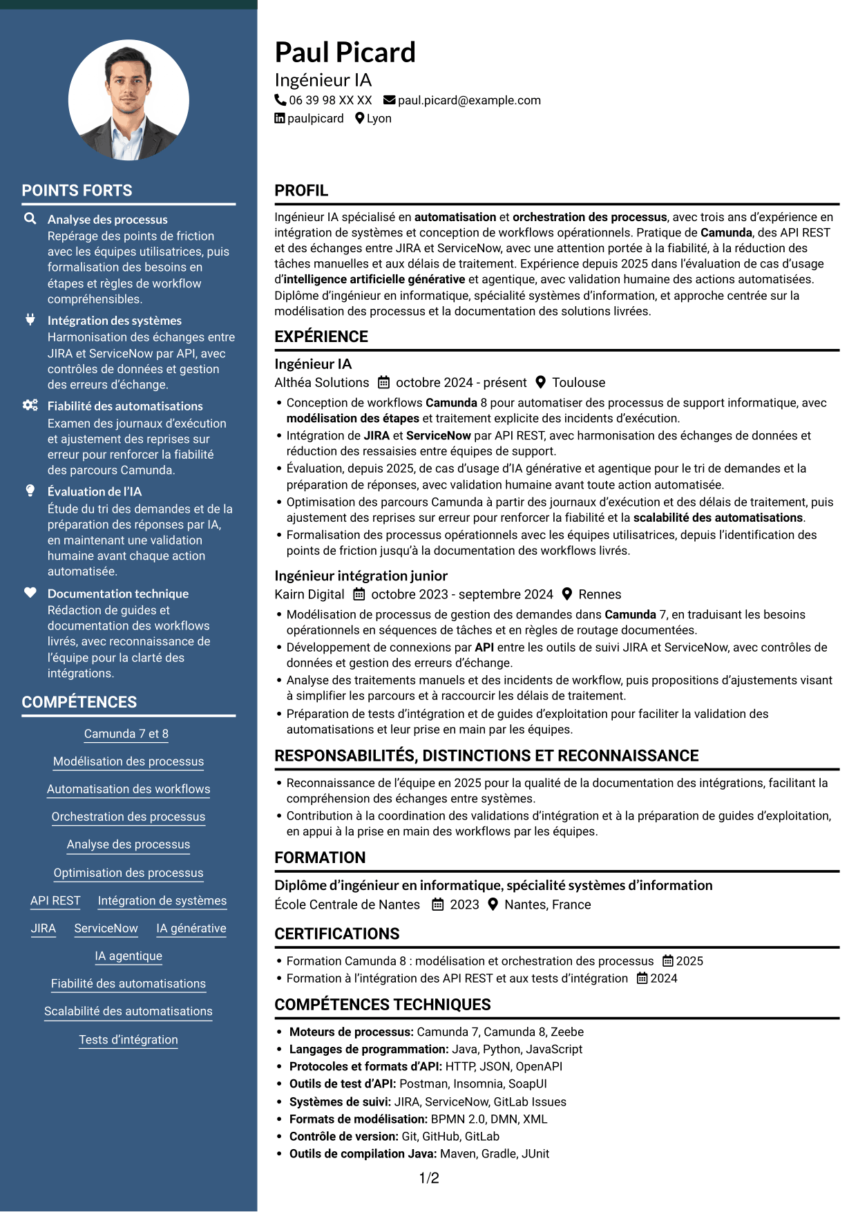 CV Élégant (format à colonne latérale colorée avec photo) : Ingénieur IA - Camunda, page 1