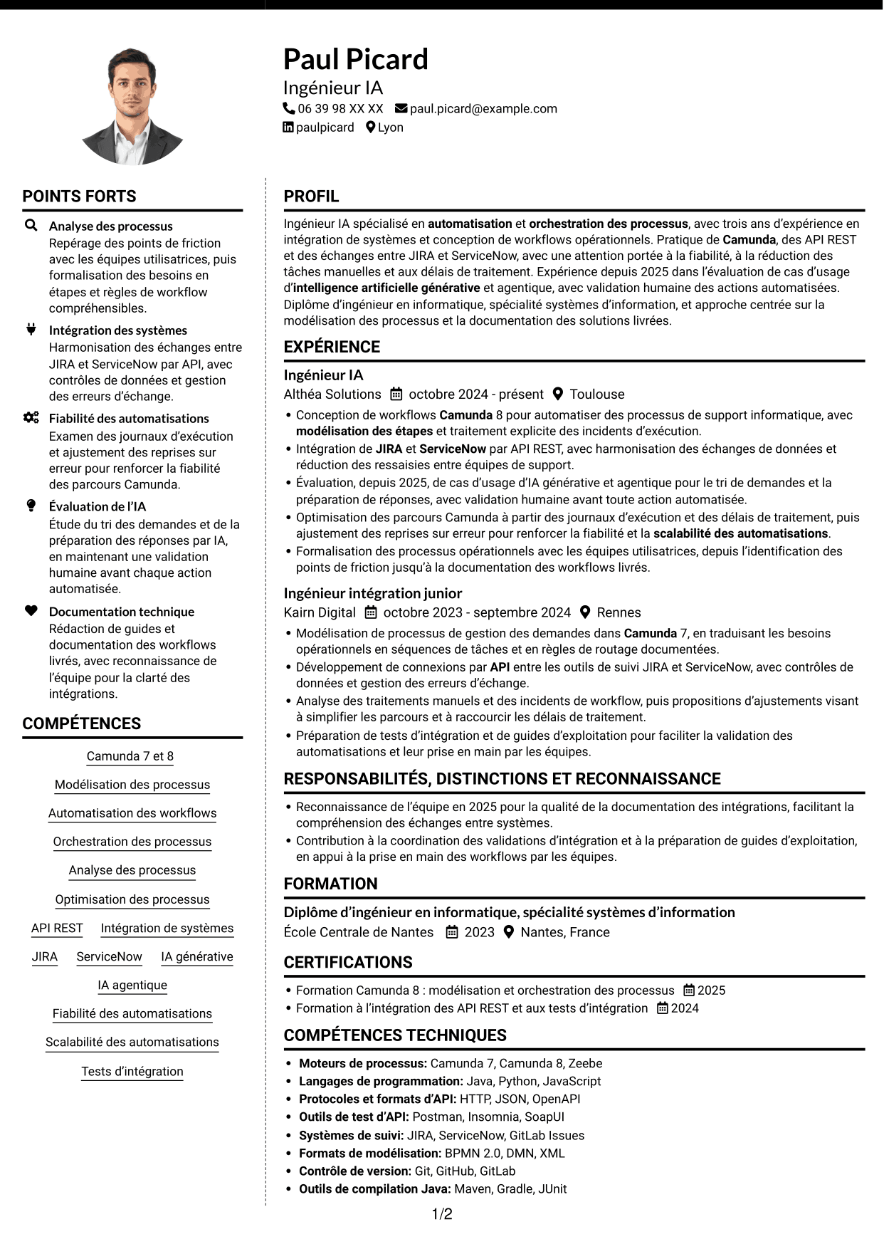 CV Moderne (format à deux colonnes avec photo à gauche et séparateur) : Ingénieur IA - Camunda, page 1