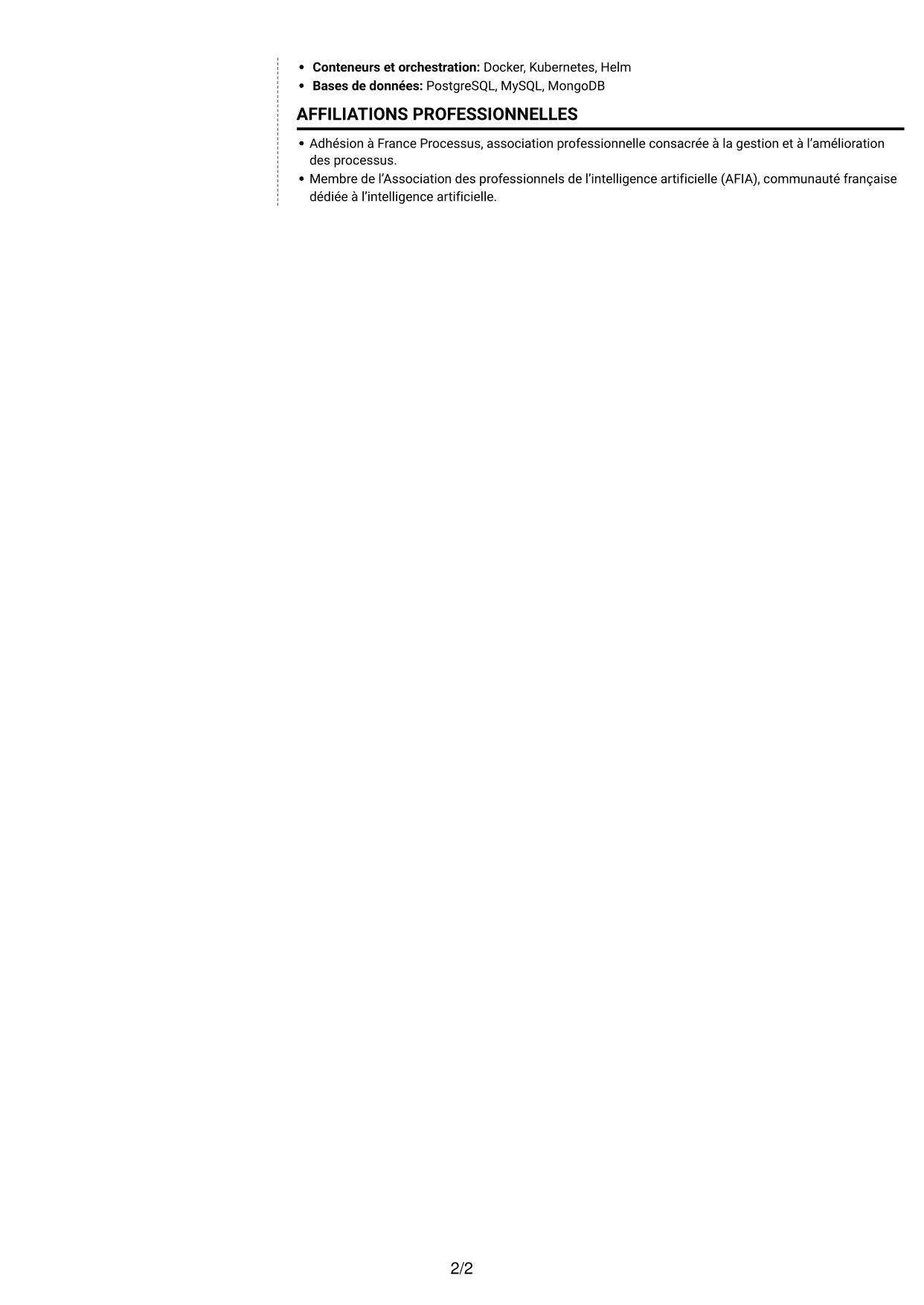 CV Moderne (format à deux colonnes avec photo à gauche et séparateur) : Ingénieur IA - Camunda, page 2