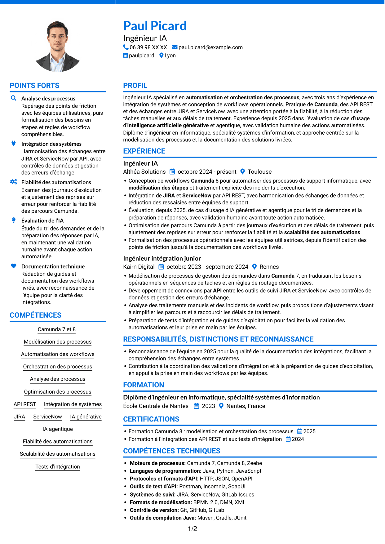 CV Audacieux (format à deux colonnes avec accents colorés et photo) : Ingénieur IA - Camunda, page 1