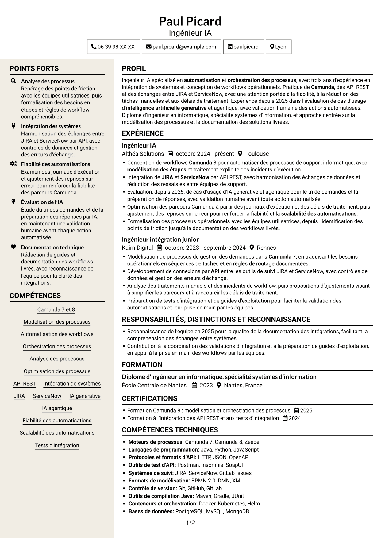 CV Fonceur (format à deux colonnes avec en-tête centré sans photo) : Ingénieur IA - Camunda, page 1