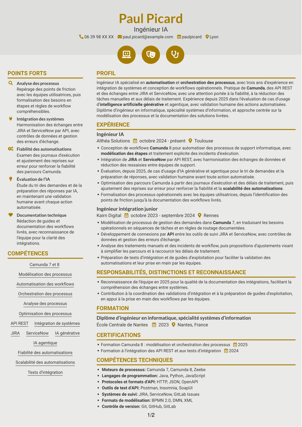 CV Dynamique (format à deux colonnes avec icônes) : Ingénieur IA - Camunda, page 1