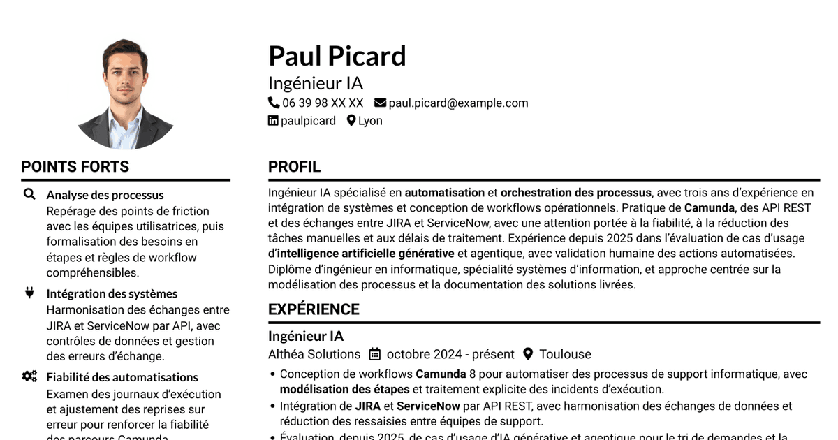 7 modèles de CV pour Ingénieur IA - Camunda, avec exemples