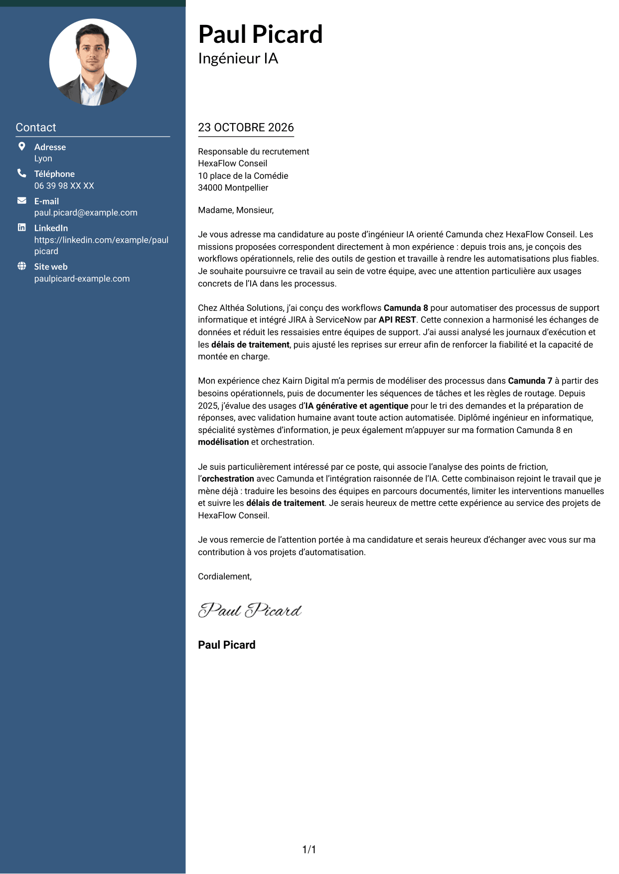 Lettre de motivation Élégant (format à colonne latérale colorée avec photo) : Ingénieur IA - Camunda, page 1