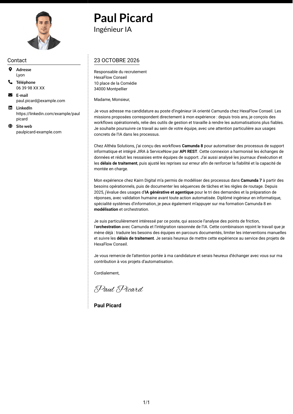 Lettre de motivation Moderne (format à deux colonnes avec photo à gauche et séparateur) : Ingénieur IA - Camunda, page 1