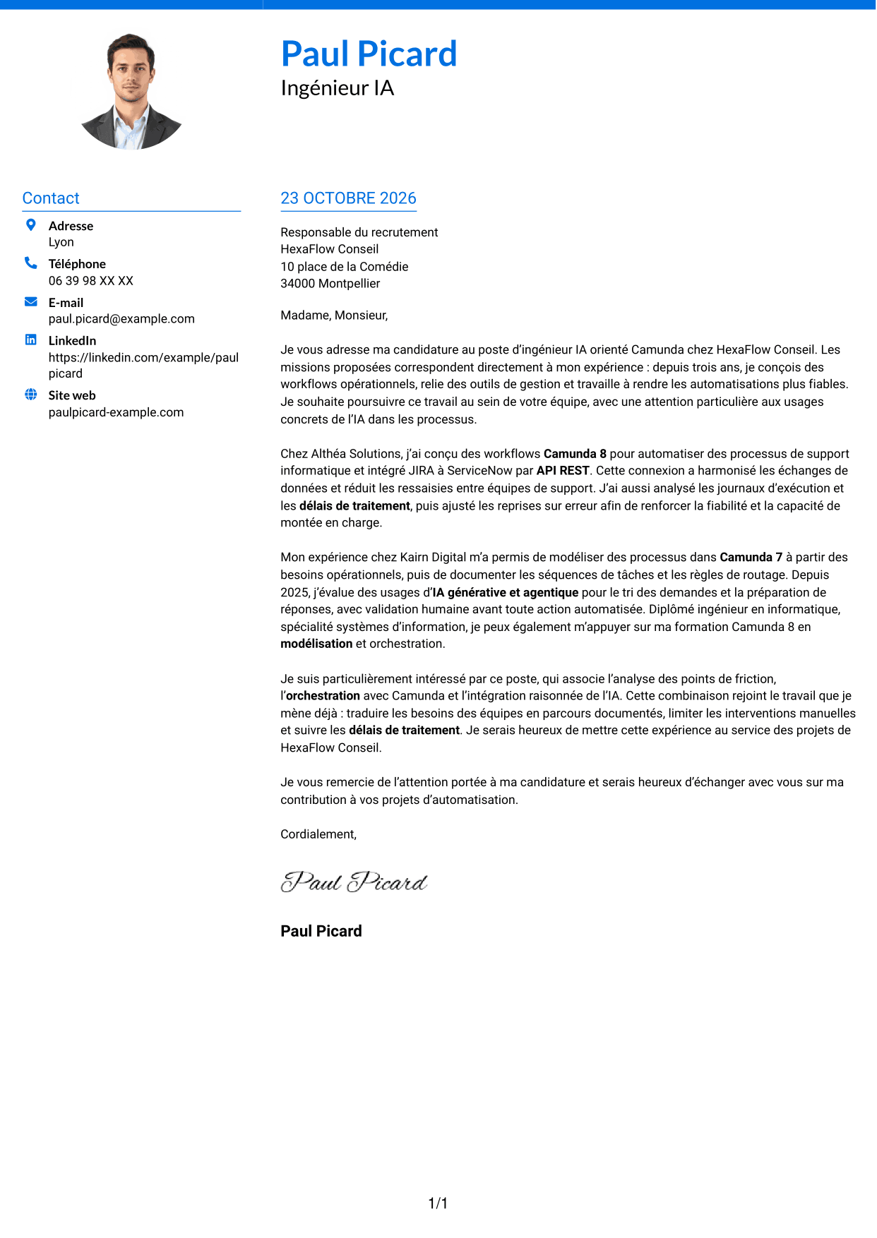 Lettre de motivation Audacieux (format à deux colonnes avec accents colorés et photo) : Ingénieur IA - Camunda, page 1
