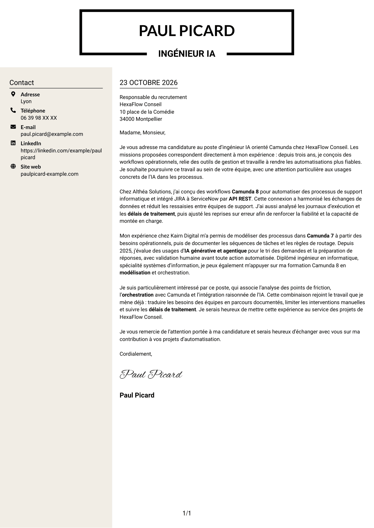 Lettre de motivation Fonceur (format à deux colonnes avec en-tête centré sans photo) : Ingénieur IA - Camunda, page 1
