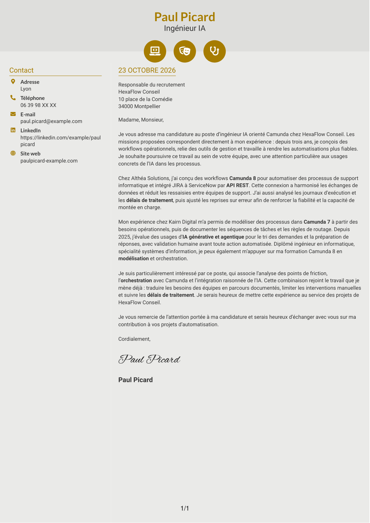 Lettre de motivation Dynamique (format à deux colonnes avec icônes) : Ingénieur IA - Camunda, page 1