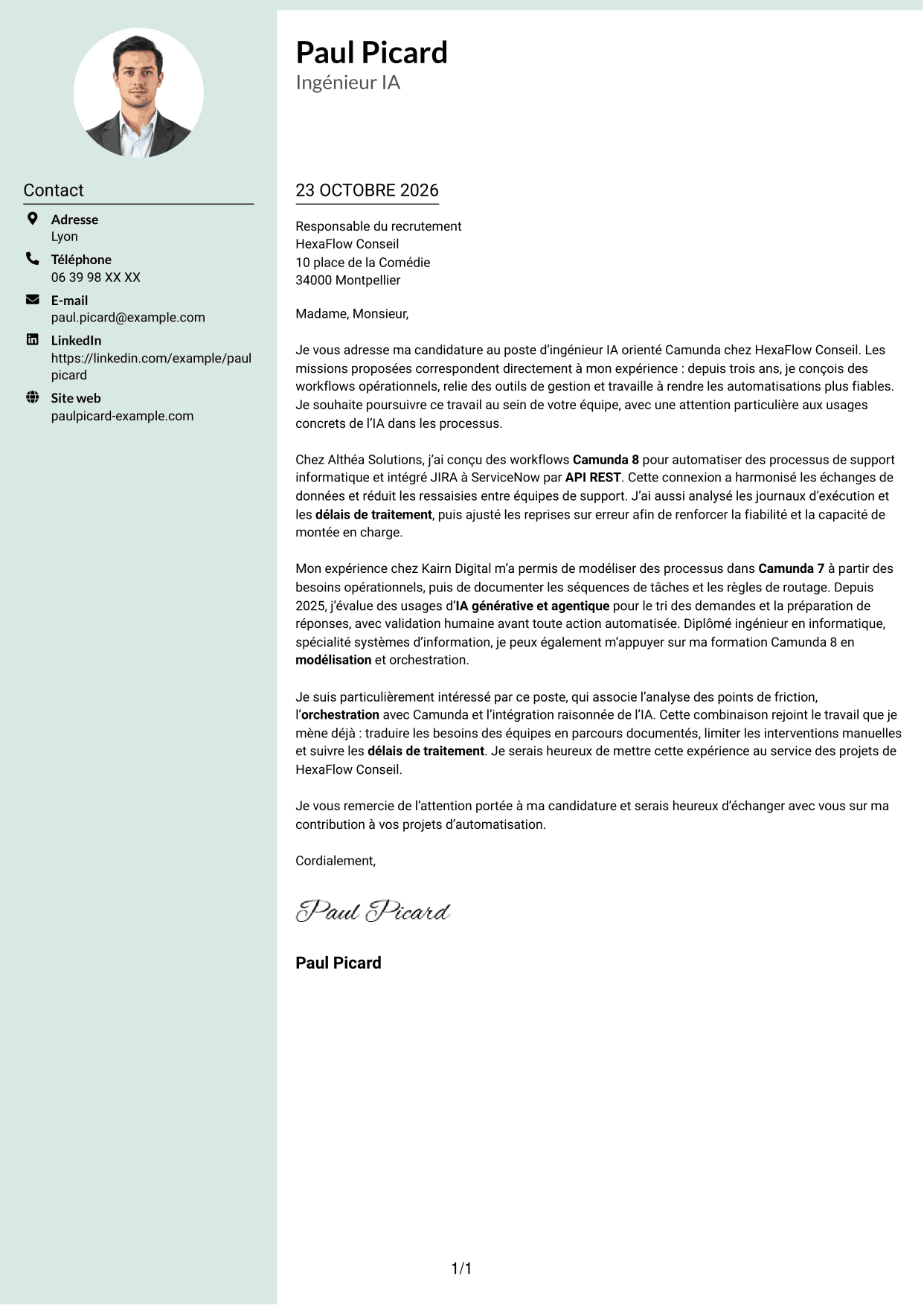 Lettre de motivation Cadre (format à colonne latérale douce avec photo arrondie) : Ingénieur IA - Camunda, page 1