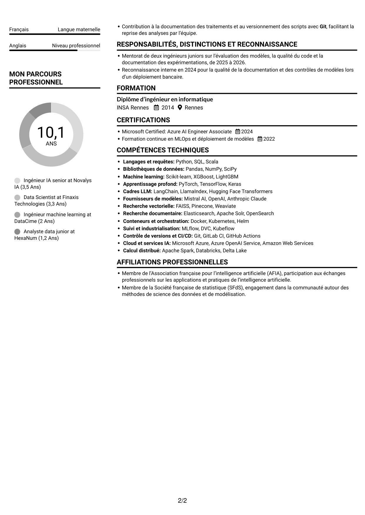 CV Compact (format sobre à deux colonnes avec photo) : Ingénieur IA confirmé - IA générative et LLM, page 2