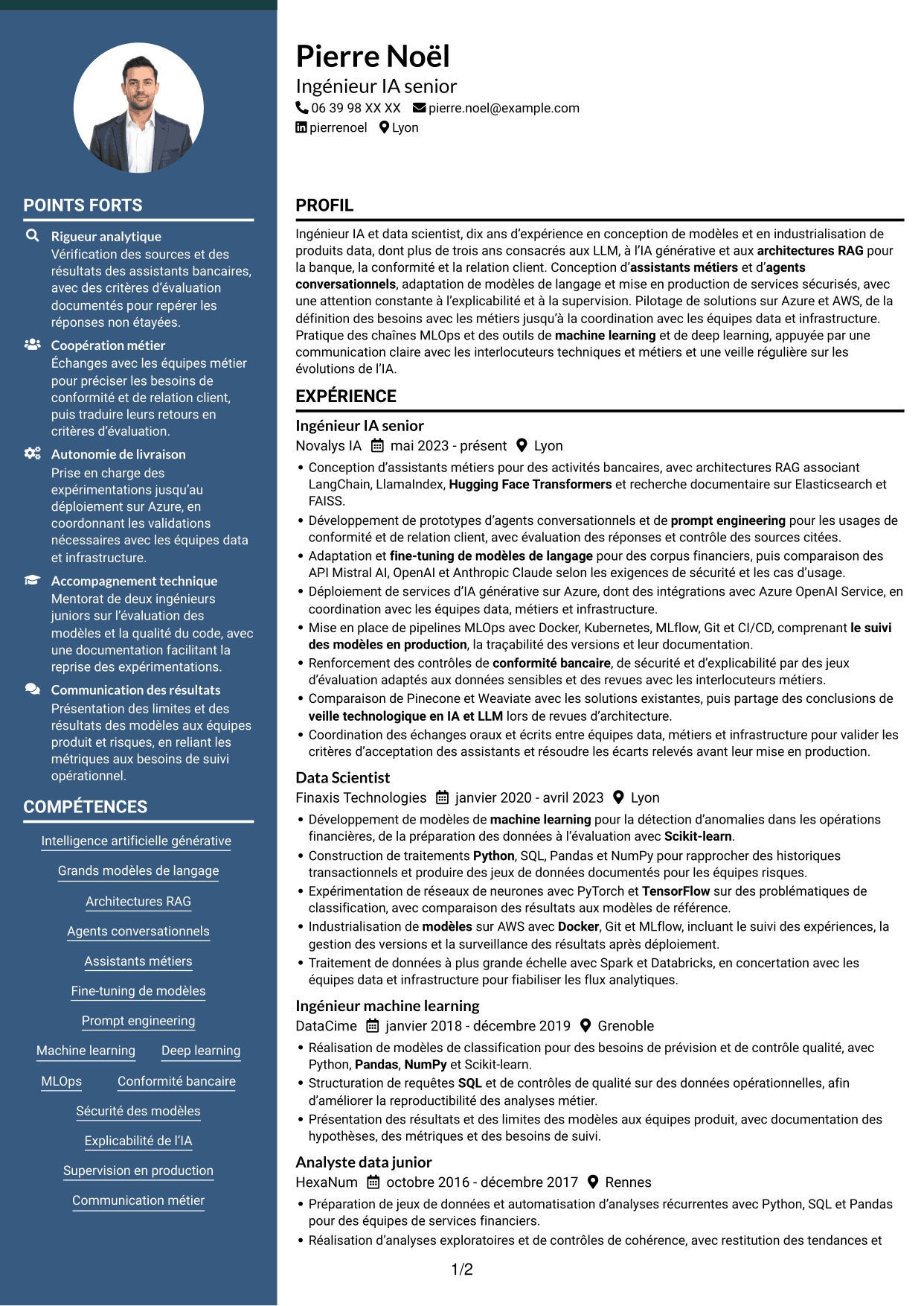CV Élégant (format à colonne latérale colorée avec photo) : Ingénieur IA confirmé - IA générative et LLM, page 1
