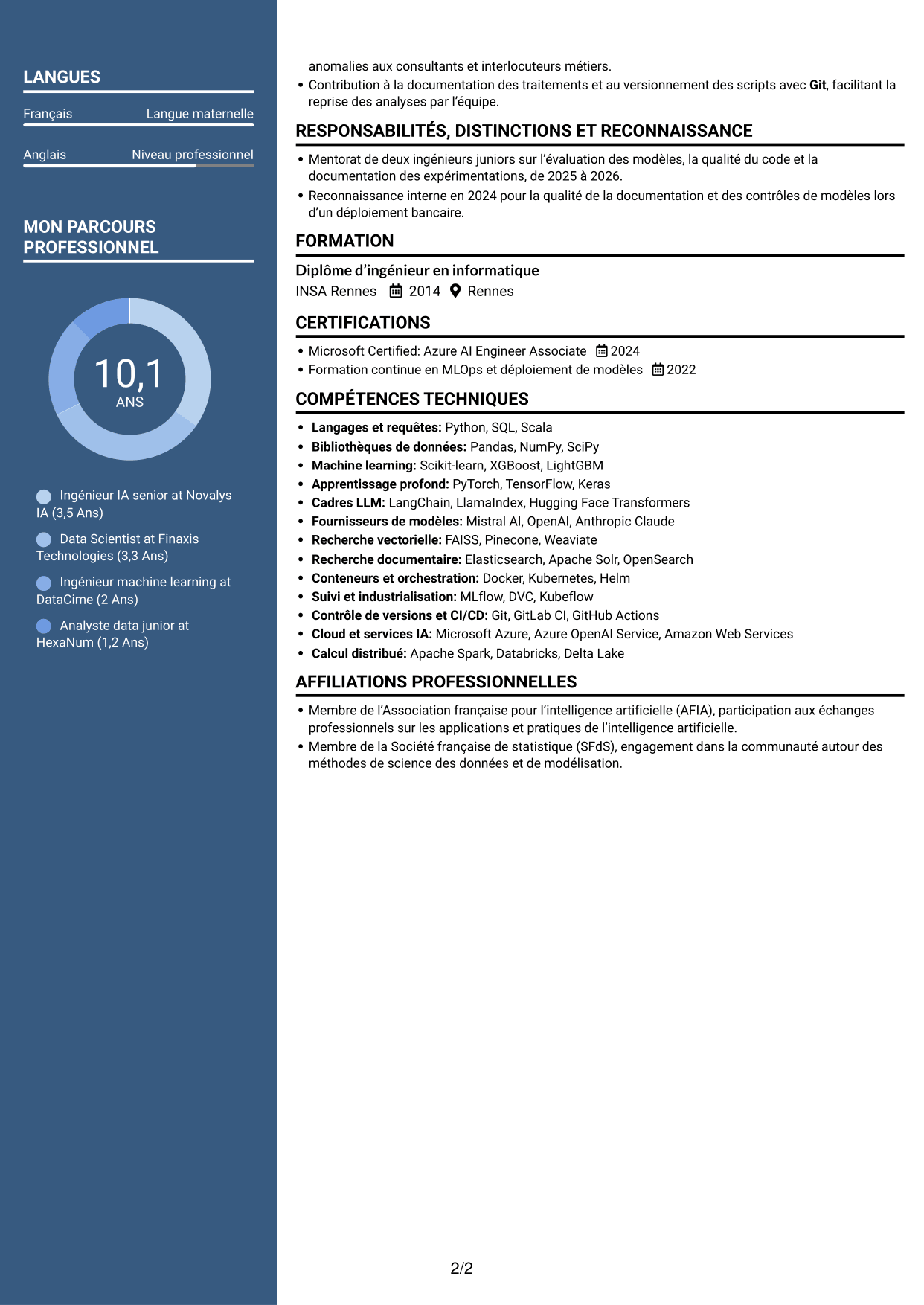 CV Élégant (format à colonne latérale colorée avec photo) : Ingénieur IA confirmé - IA générative et LLM, page 2