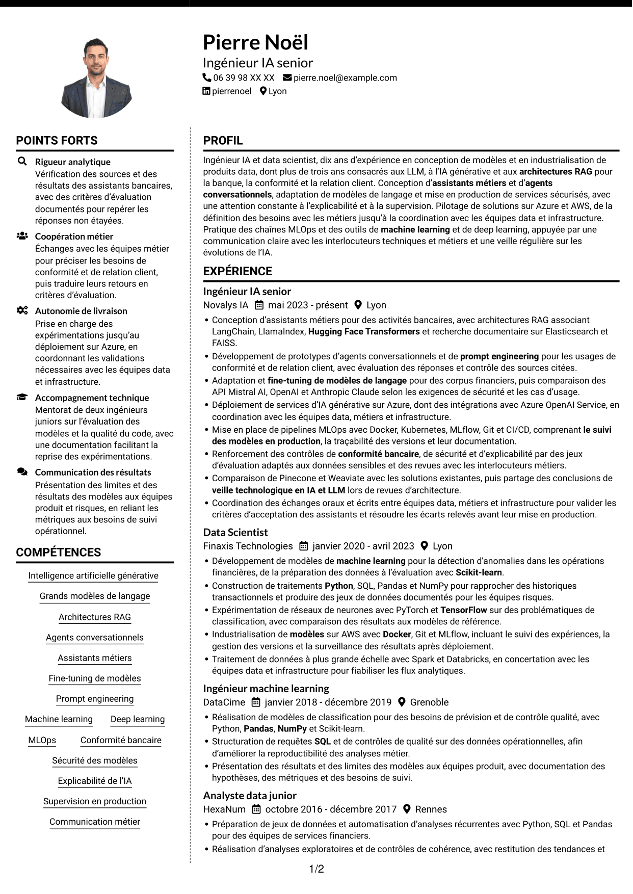 CV Moderne (format à deux colonnes avec photo à gauche et séparateur) : Ingénieur IA confirmé - IA générative et LLM, page 1